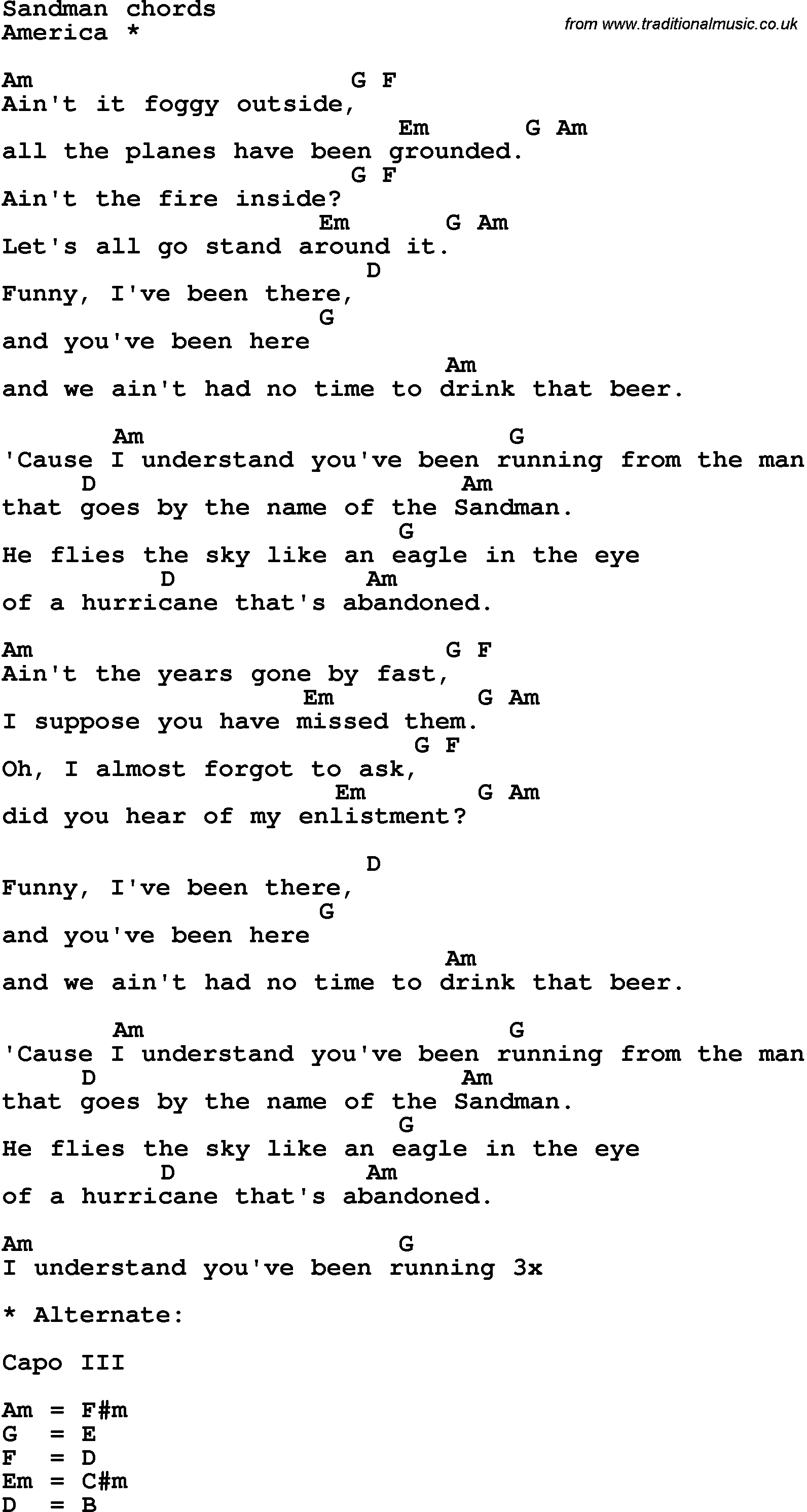 Song Lyrics with guitar chords for Sand Man