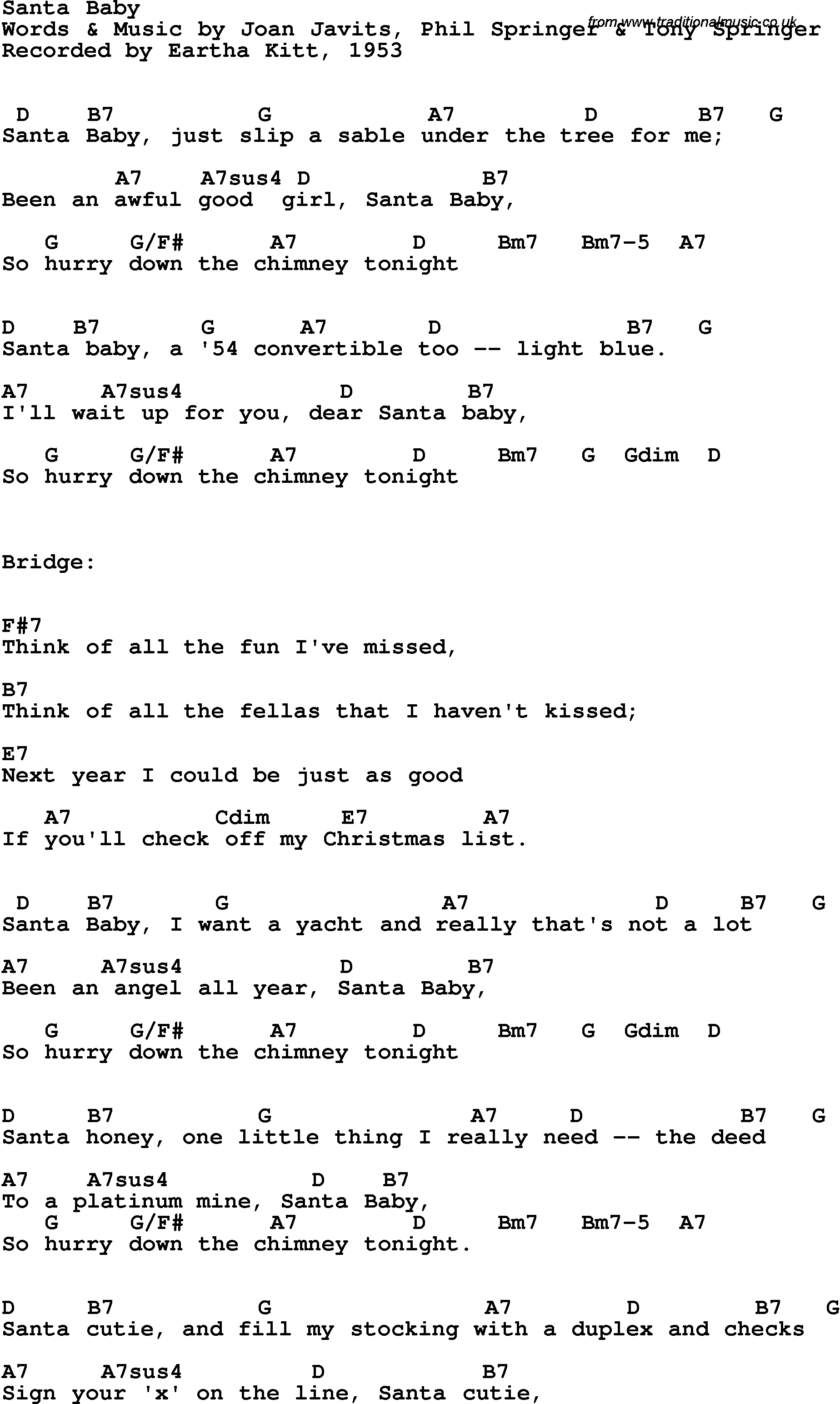 Song Lyrics with guitar chords for Santa Baby - Eartha Kitt, 1953