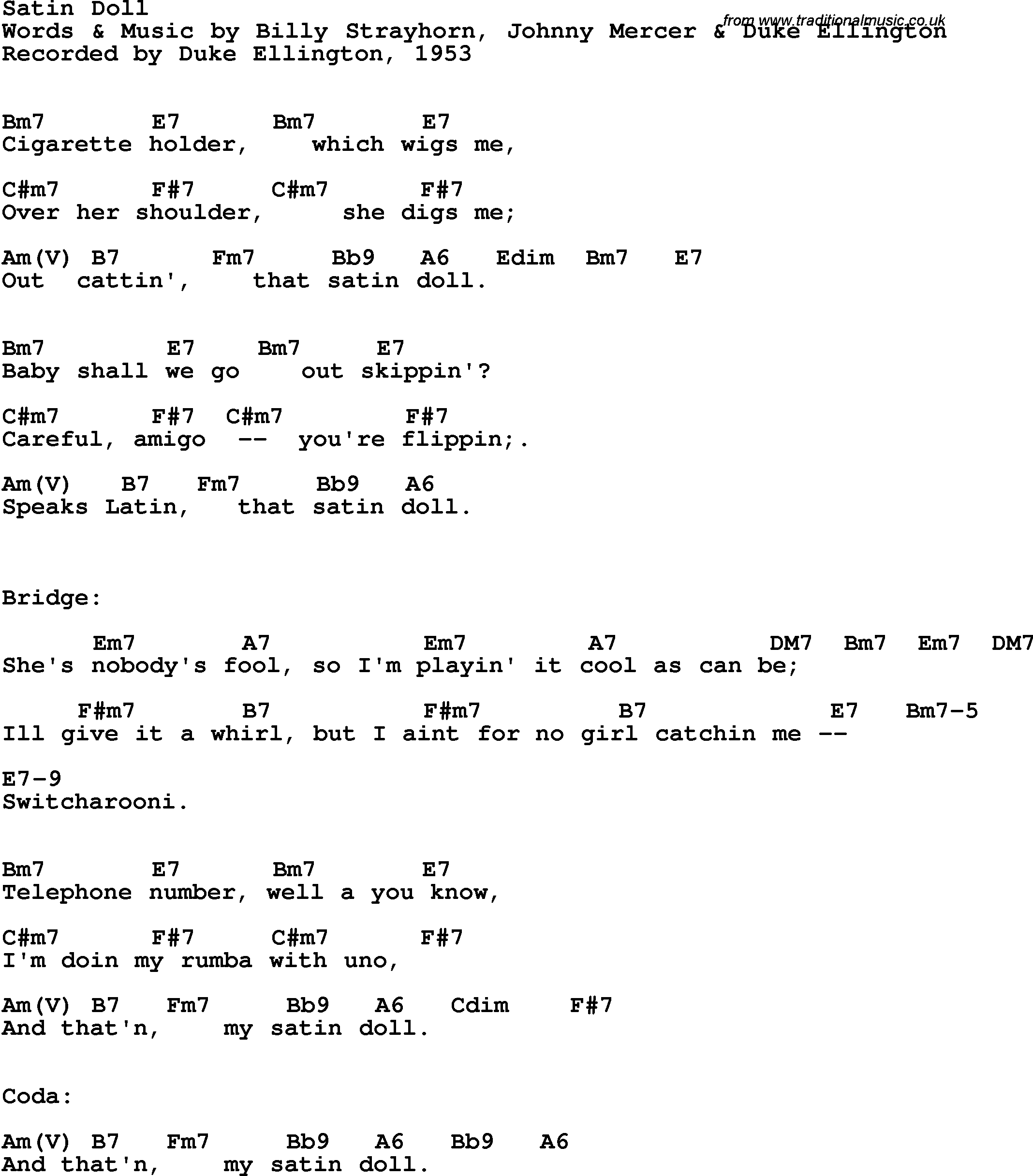 Song Lyrics with guitar chords for Satin Doll - Duke Ellington, 1953