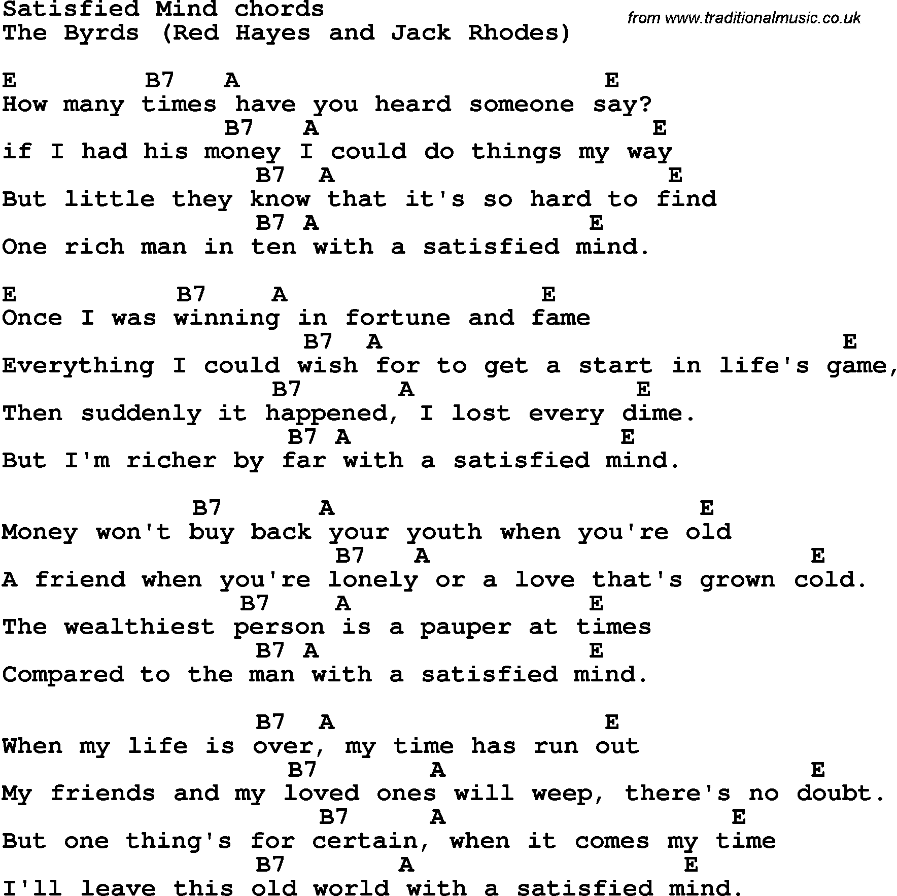 Song Lyrics with guitar chords for Satisfied Mind