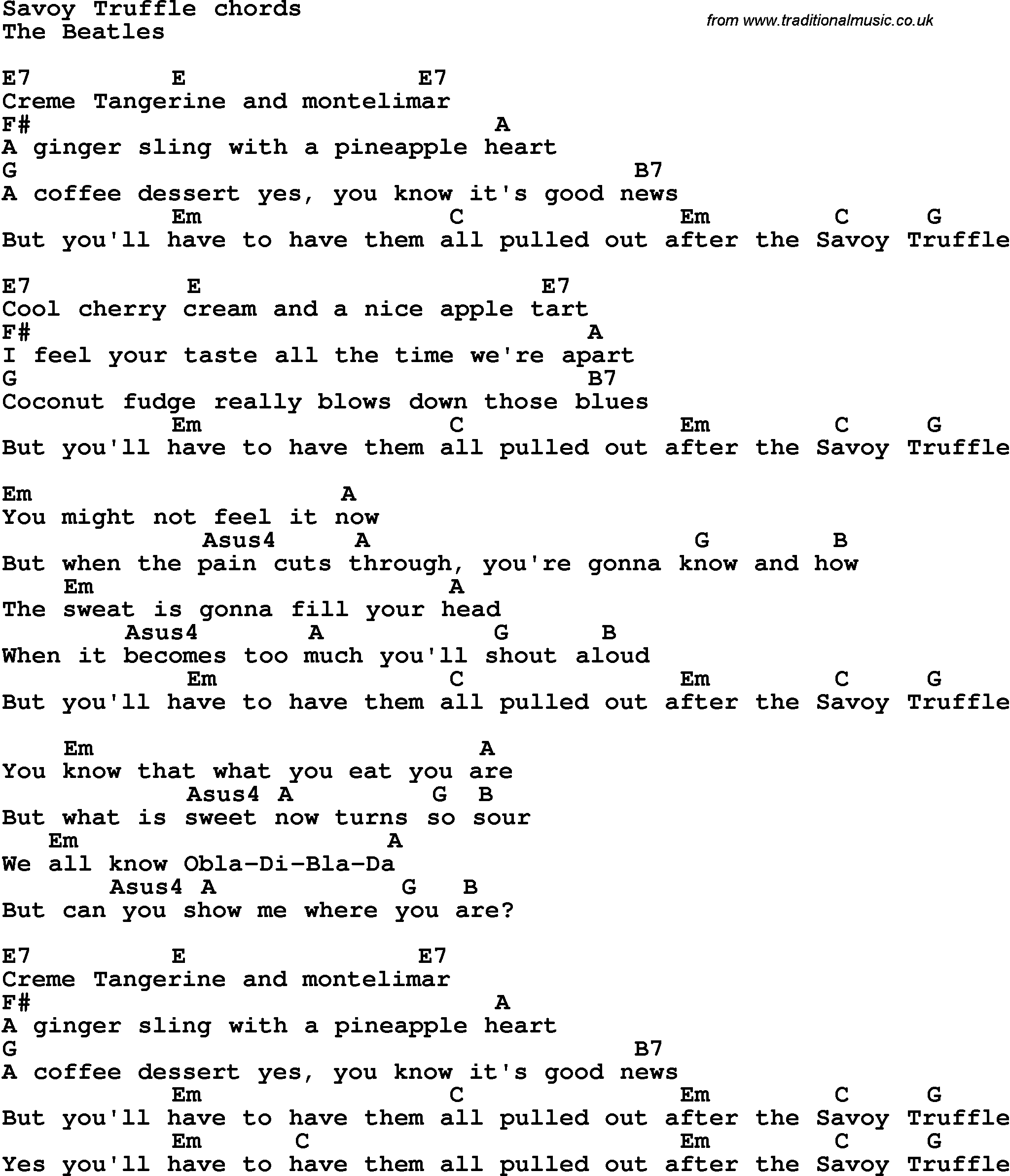Song Lyrics with guitar chords for Savoy Truffle - The Beatles
