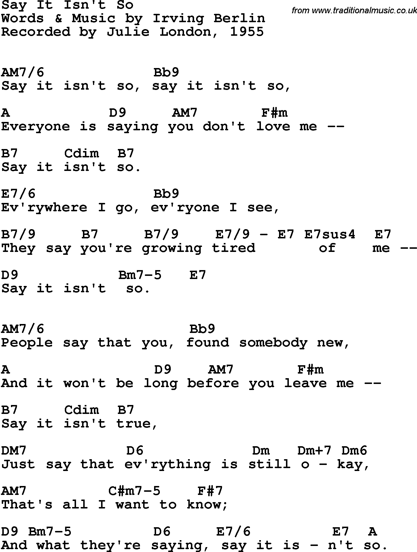 Song Lyrics with guitar chords for Say It Isn't So - Julie London, 1955