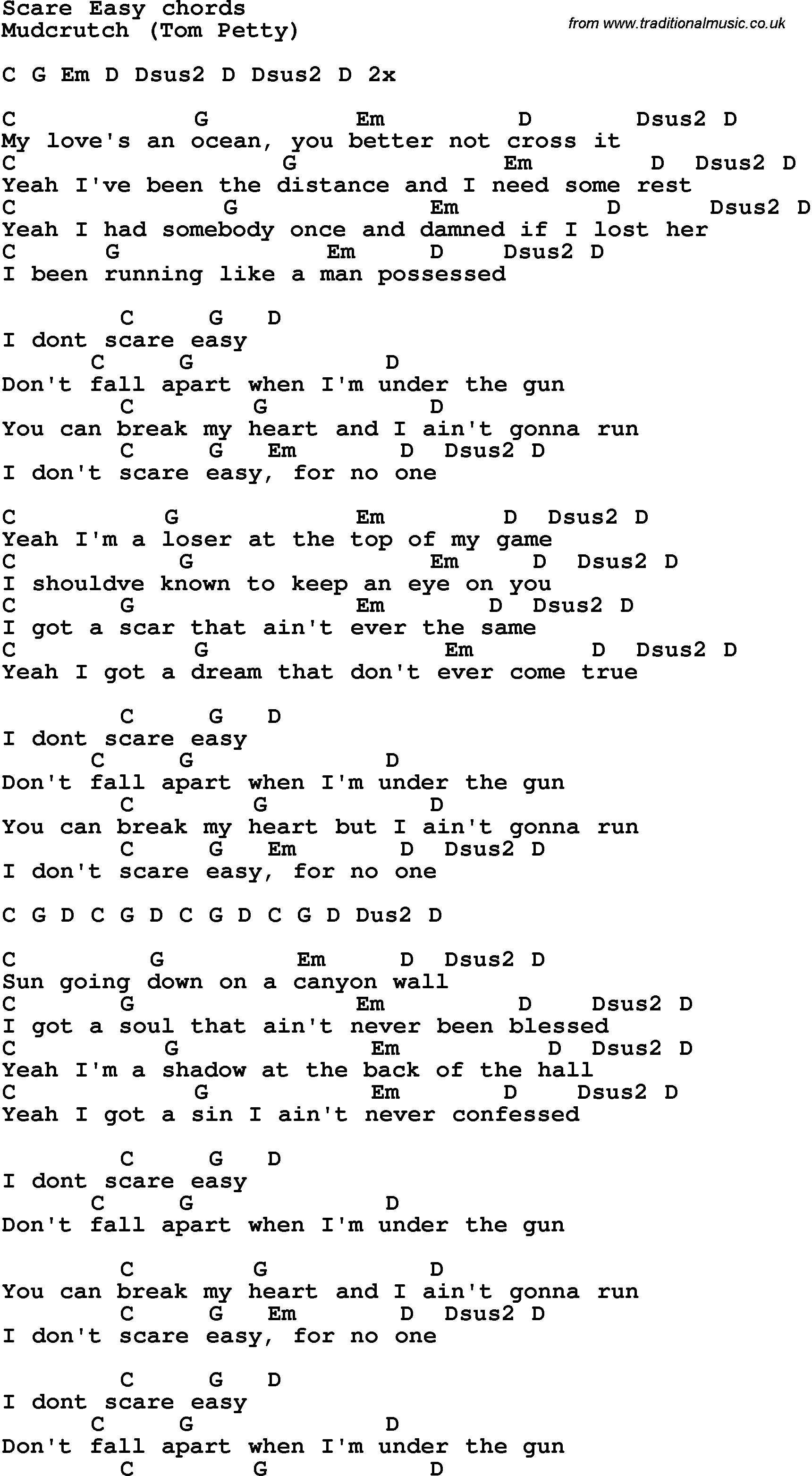 Song Lyrics with guitar chords for Scare Easy