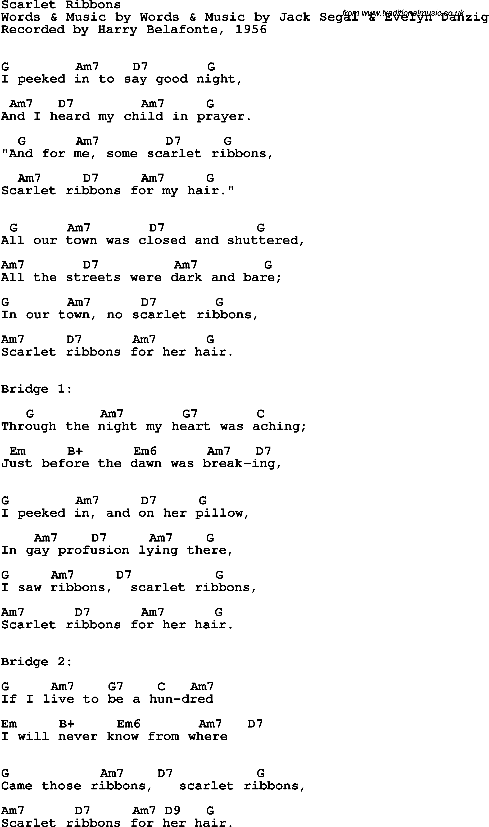 Song Lyrics with guitar chords for Scarlet Ribbons - Harry Belafonte, 1956