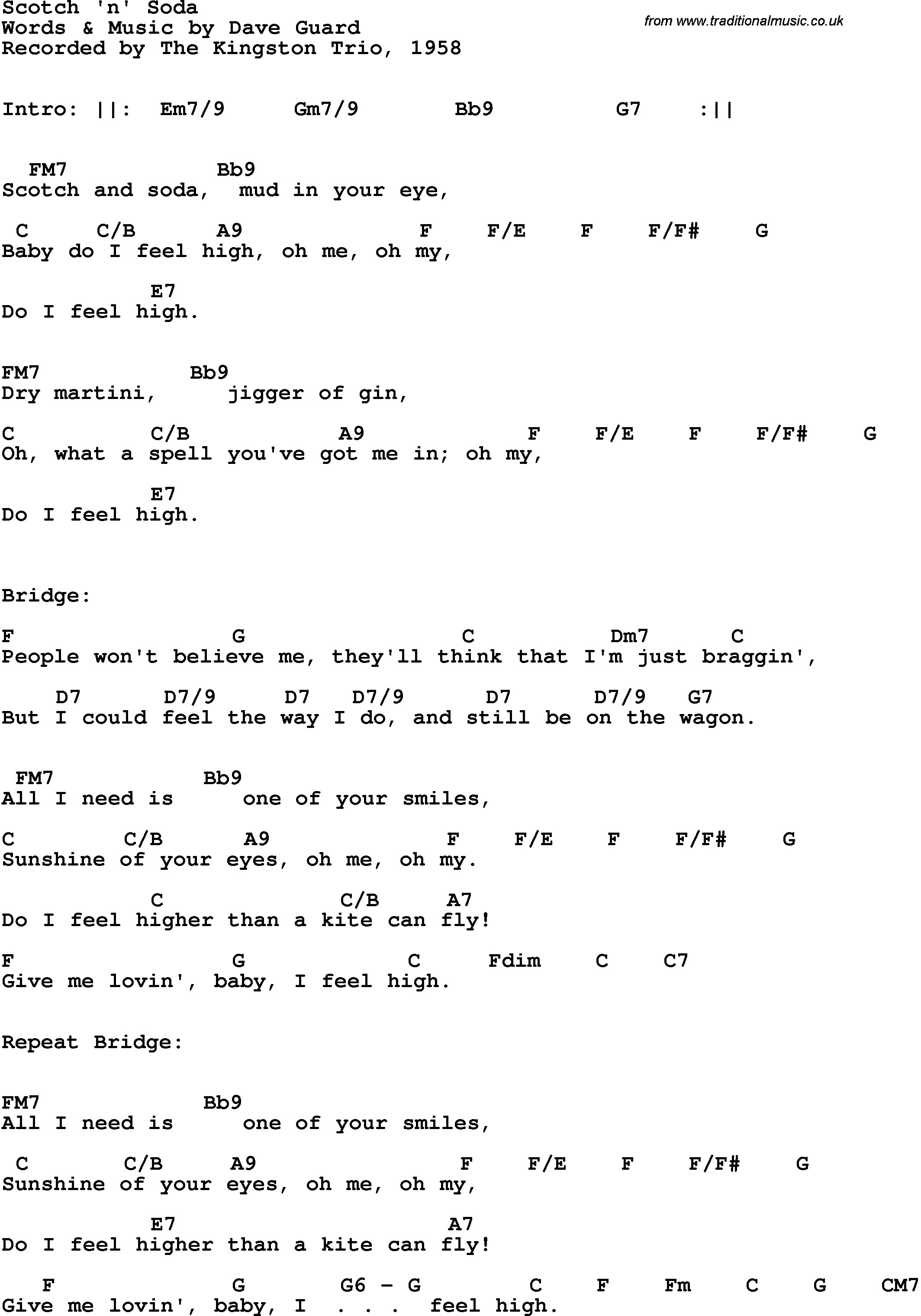 Song Lyrics with guitar chords for Scotch 'n Soda - The Kingston Trio, 1962