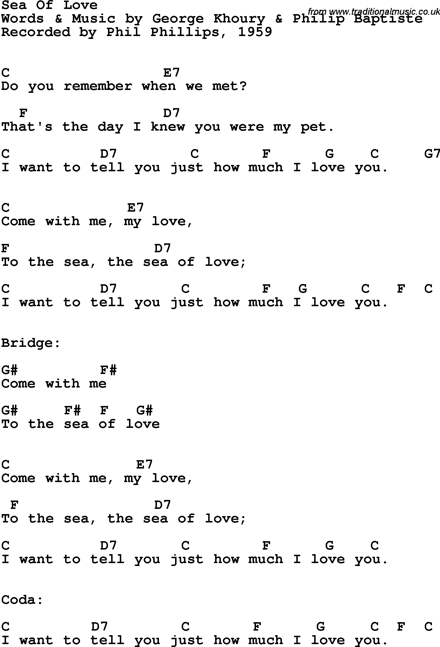 Song Lyrics with guitar chords for Sea Of Love - Phil Phillips, 1959