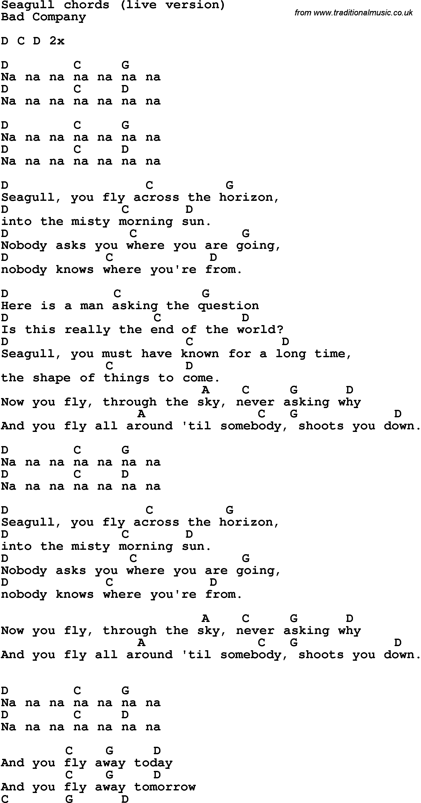 Song Lyrics with guitar chords for Seagull