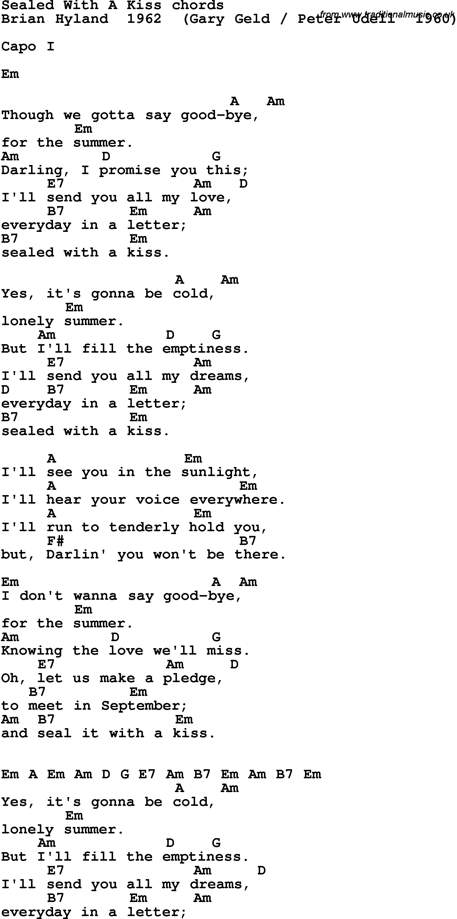 Song Lyrics with guitar chords for Sealed With A Kiss