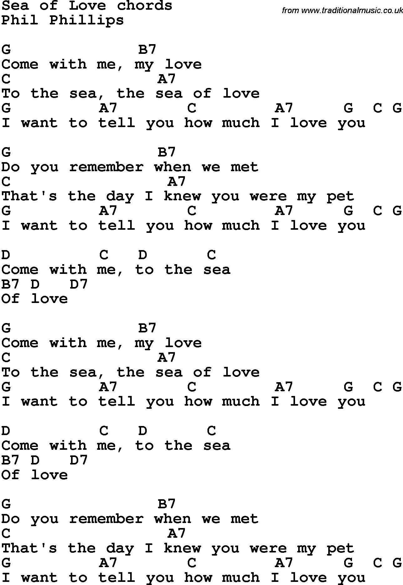 Song Lyrics with guitar chords for Seaof Love