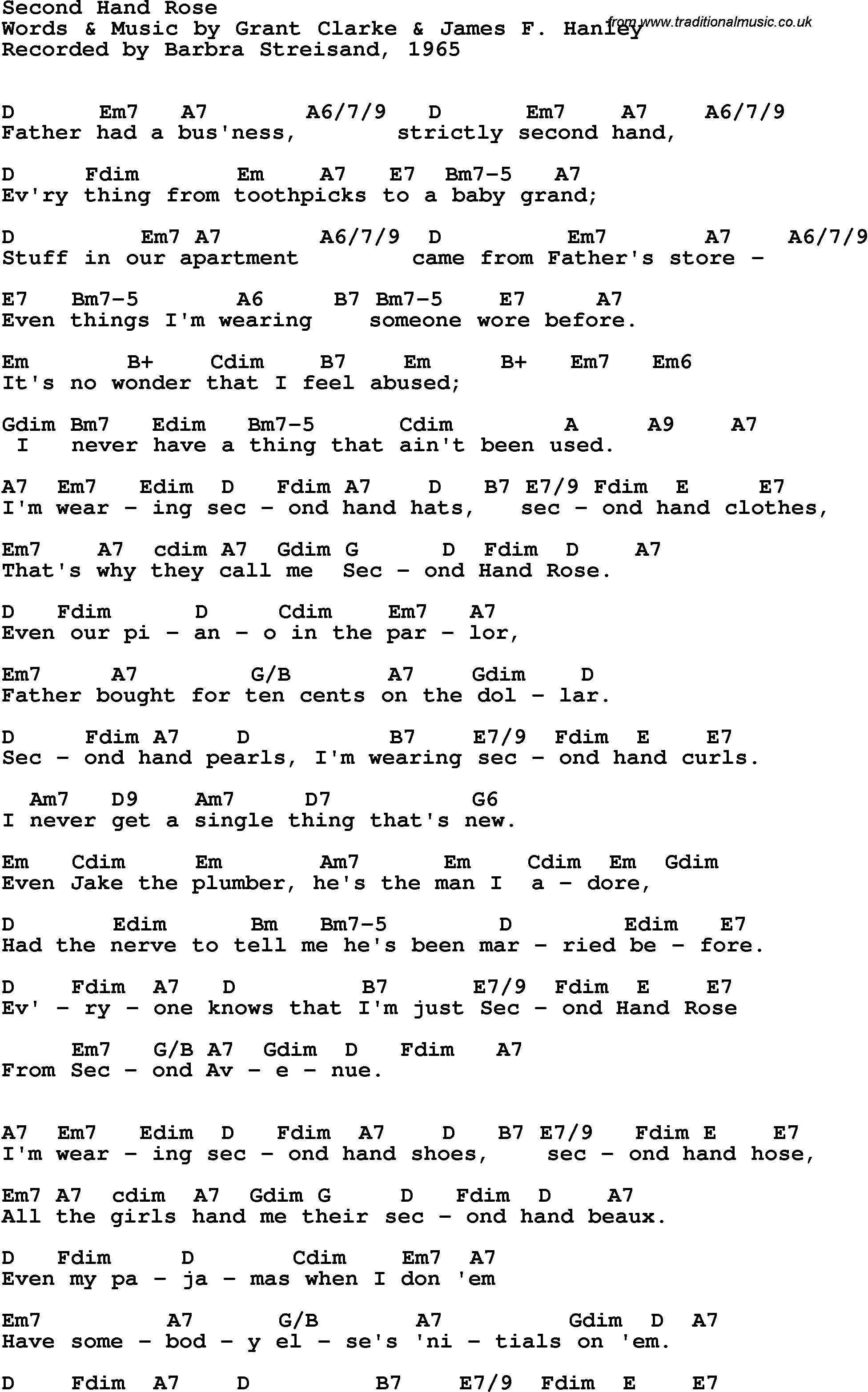 Song Lyrics with guitar chords for Second Hand Rose - Barbra Streisand, 1965