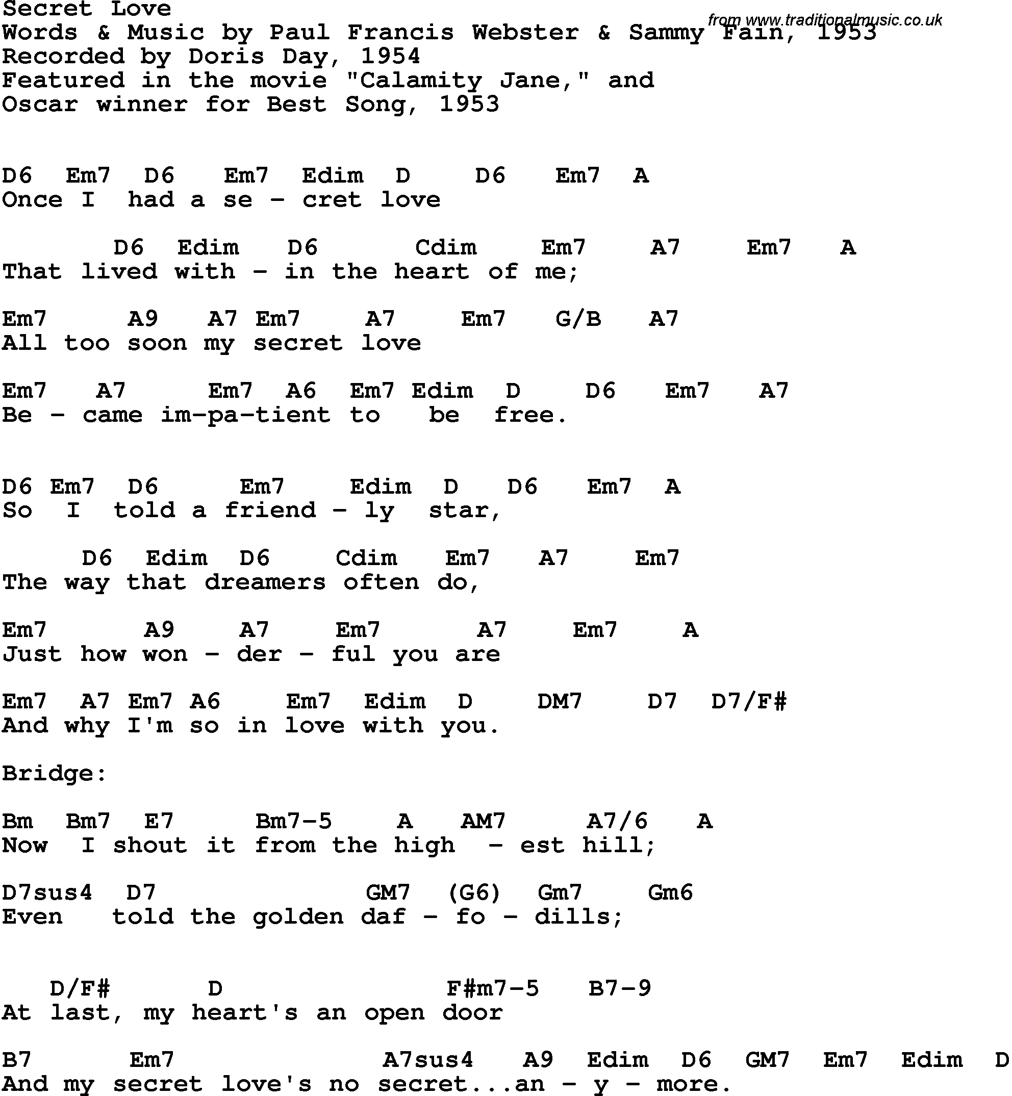Song Lyrics with guitar chords for Secret Love - Doris Day, 1954