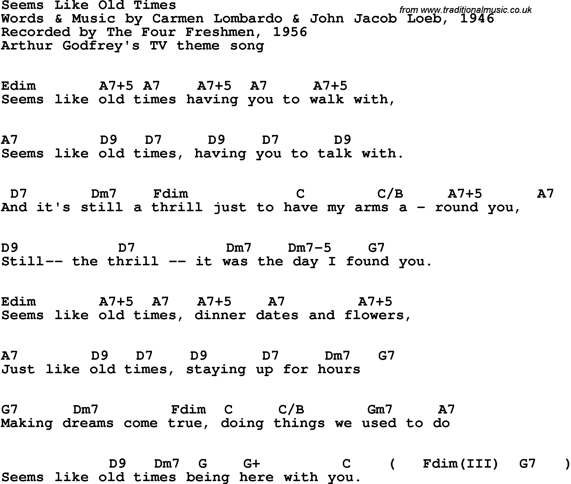 Song Lyrics with guitar chords for Seems Like Old Times - The Four Freshmen, 1956