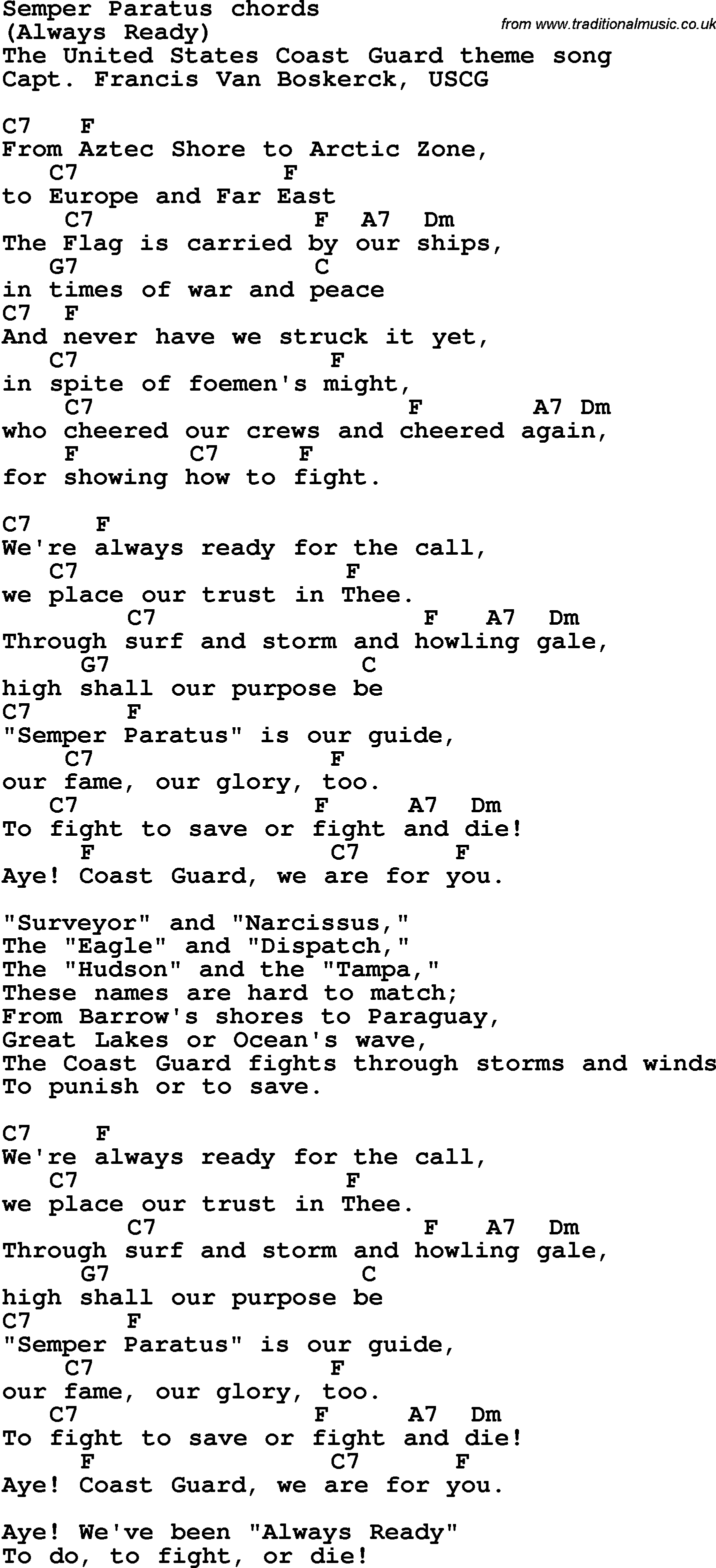 Song Lyrics with guitar chords for Semper Paratus