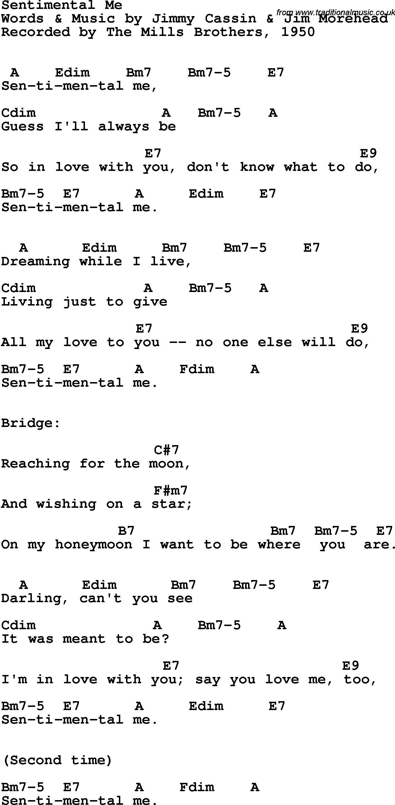 Song Lyrics with guitar chords for Sentimental Me - The Ames Brothers, 1950