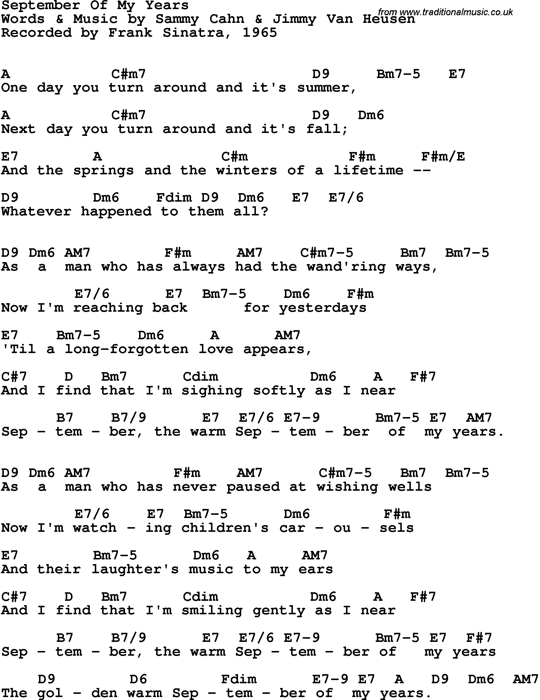 Song Lyrics with guitar chords for September Of My Years - Frank Sinatra, 1965