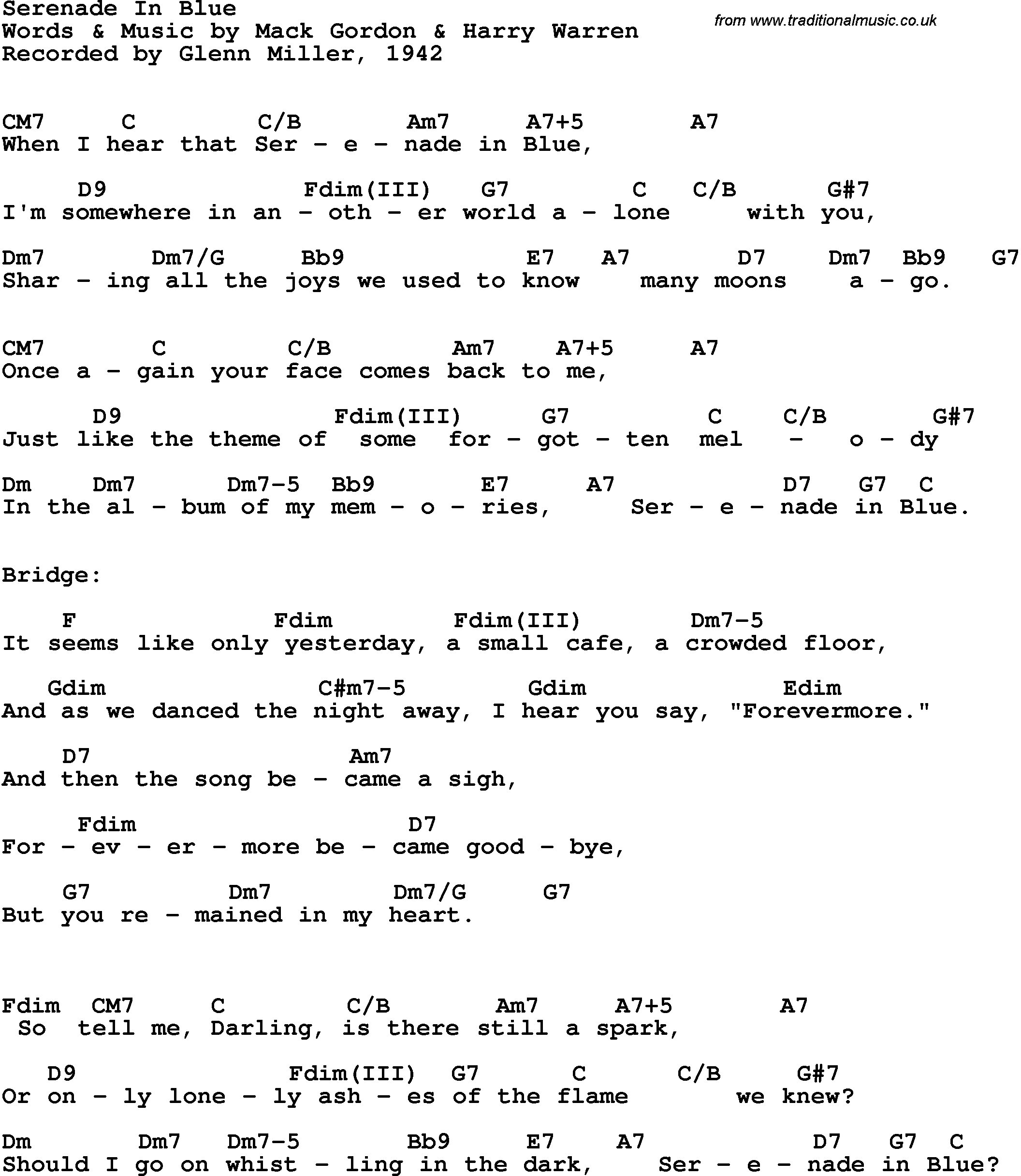 Song Lyrics with guitar chords for Serenade In Blue - Glenn Miller, 1942