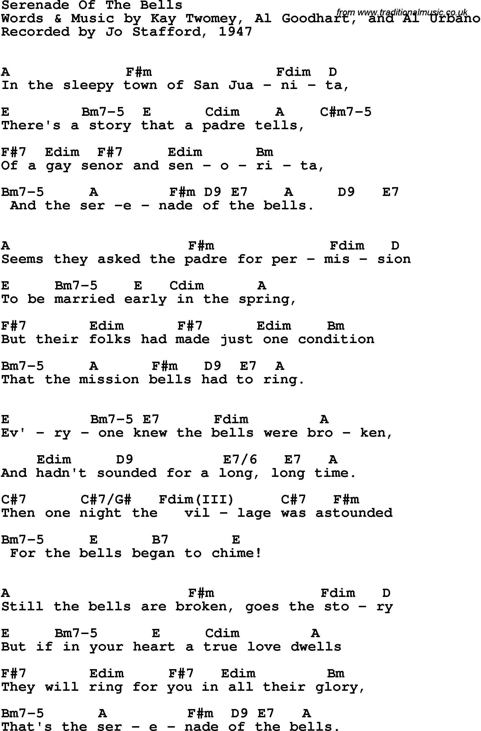 Song Lyrics with guitar chords for Serenade Of The Bells - Jo Stafford, 1947