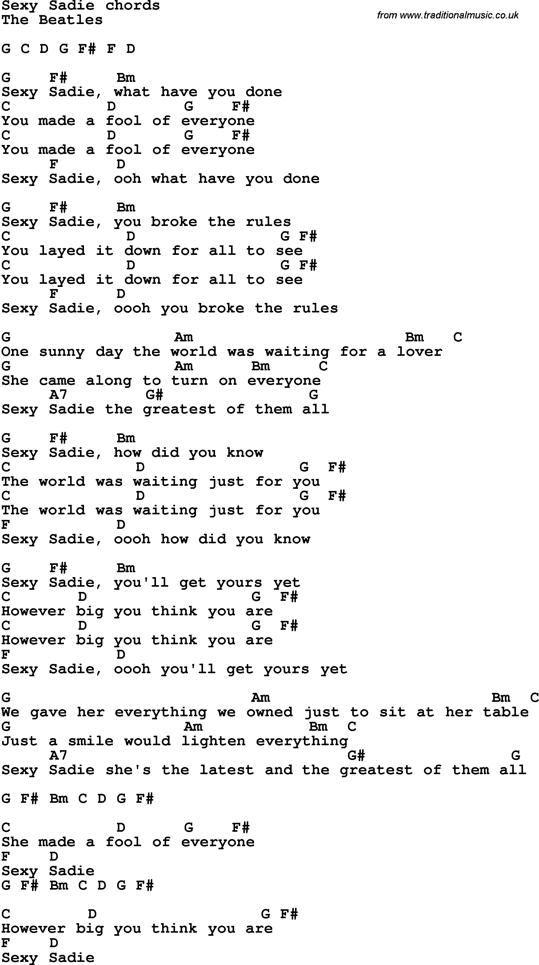 Song Lyrics with guitar chords for Sexy Sadie