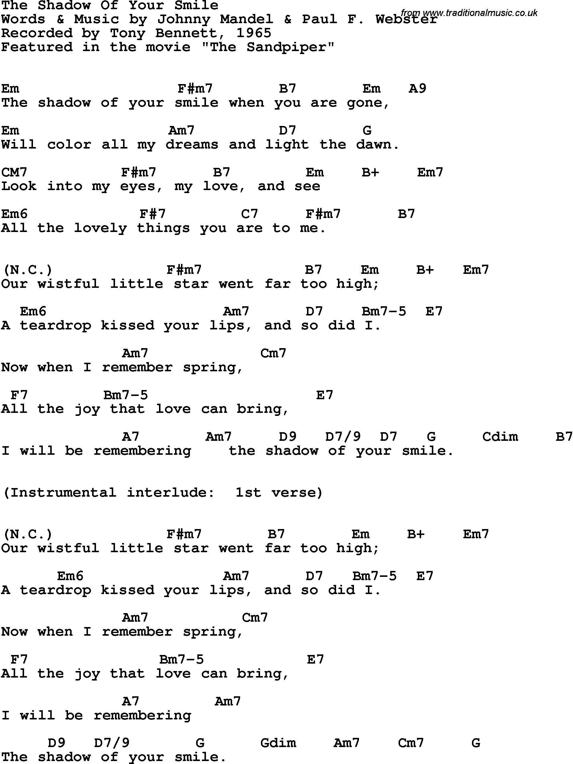 Song Lyrics with guitar chords for Shadow Of Your Smile, The - Tony Bennett, 1965