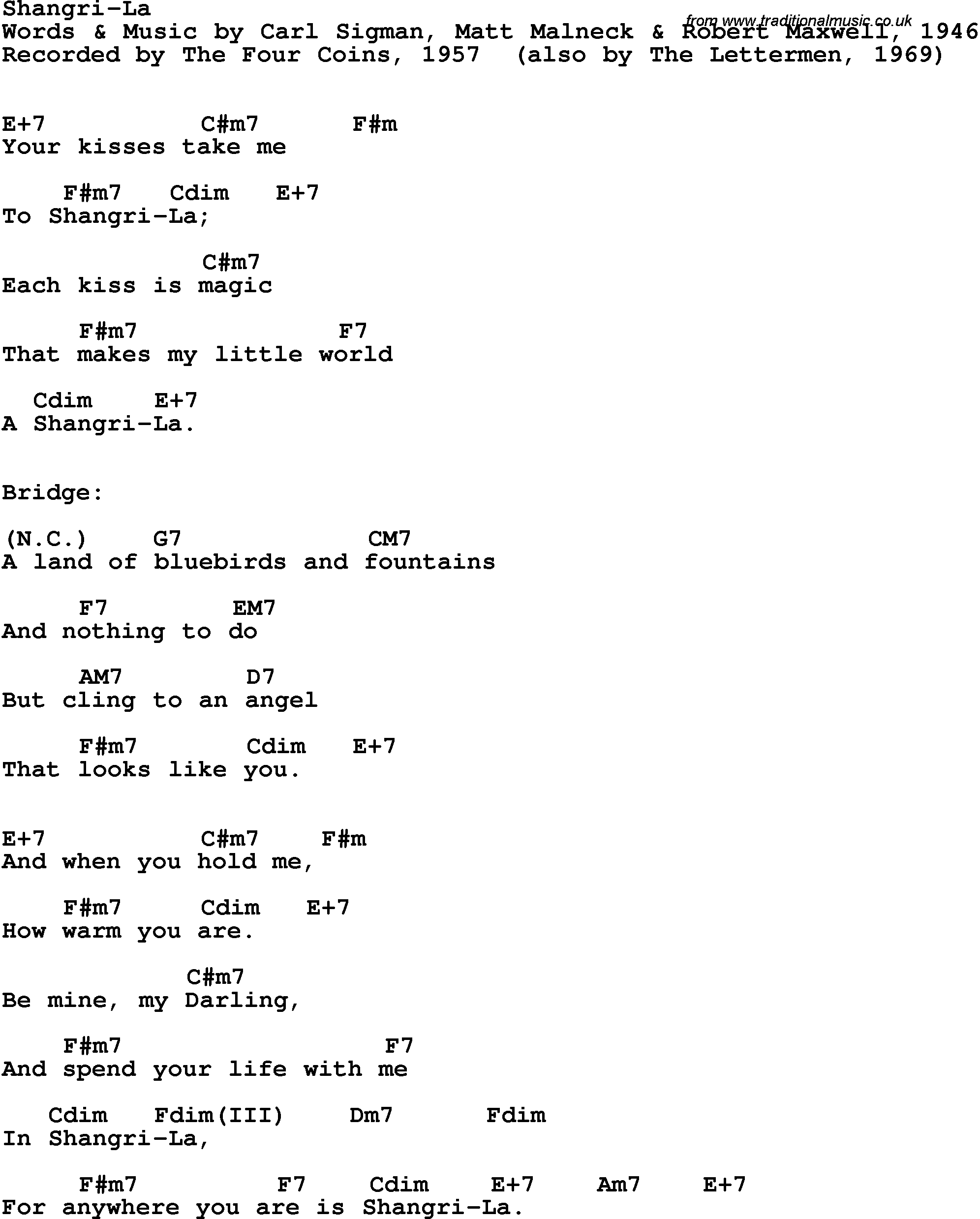 Song Lyrics with guitar chords for Shangri-la - The Four Coins, 1957