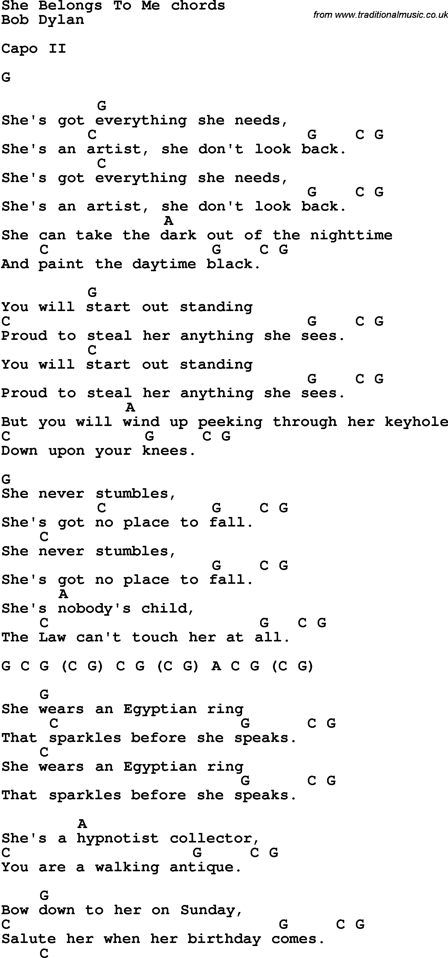 Song Lyrics with guitar chords for She Belongs To Me