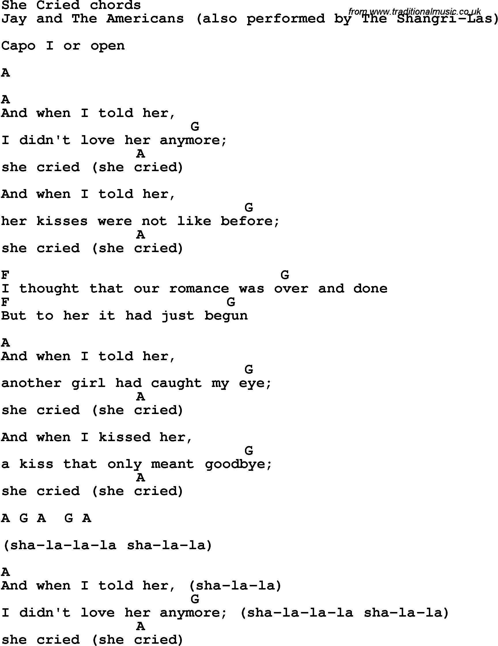 Song Lyrics with guitar chords for She Cried