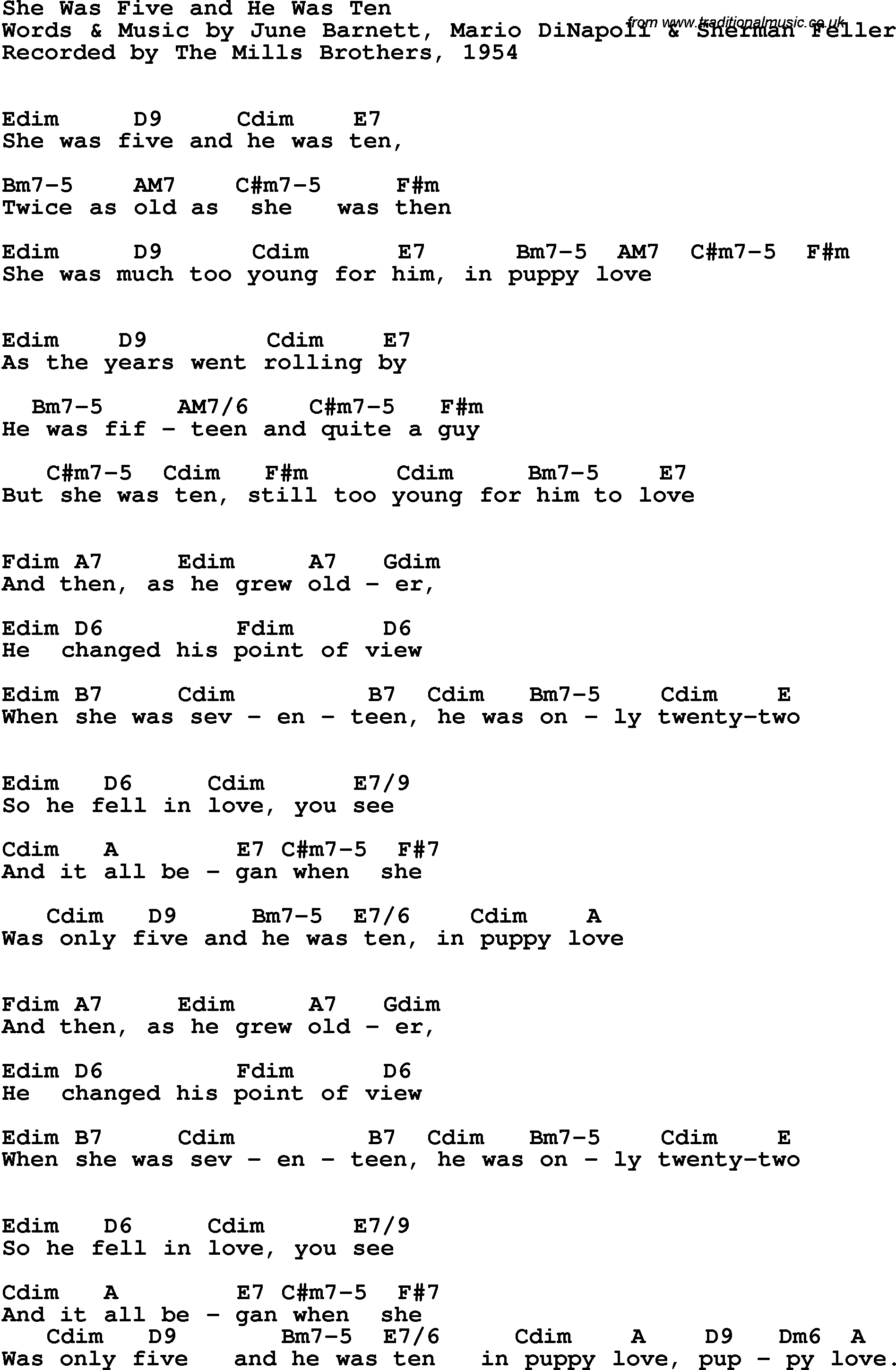 Song Lyrics with guitar chords for She Was Five And He Was Ten - The Mills Brothers, 1954