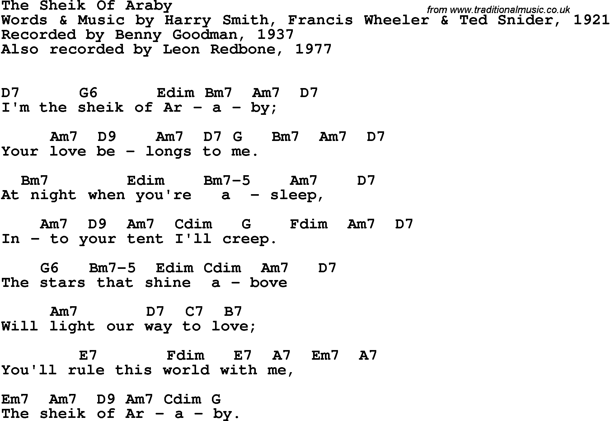 Song Lyrics with guitar chords for Sheik Of Araby, The - Benny Goodman, 1937