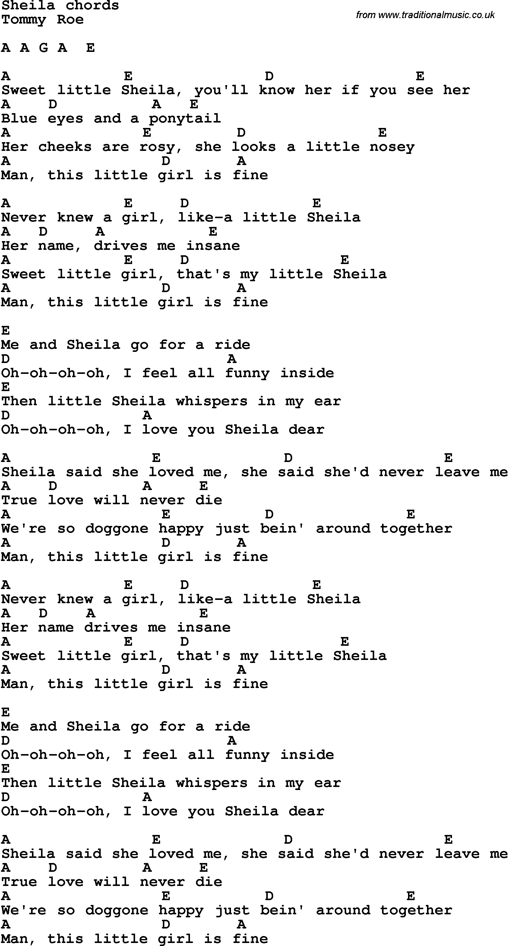 Song Lyrics with guitar chords for Sheila