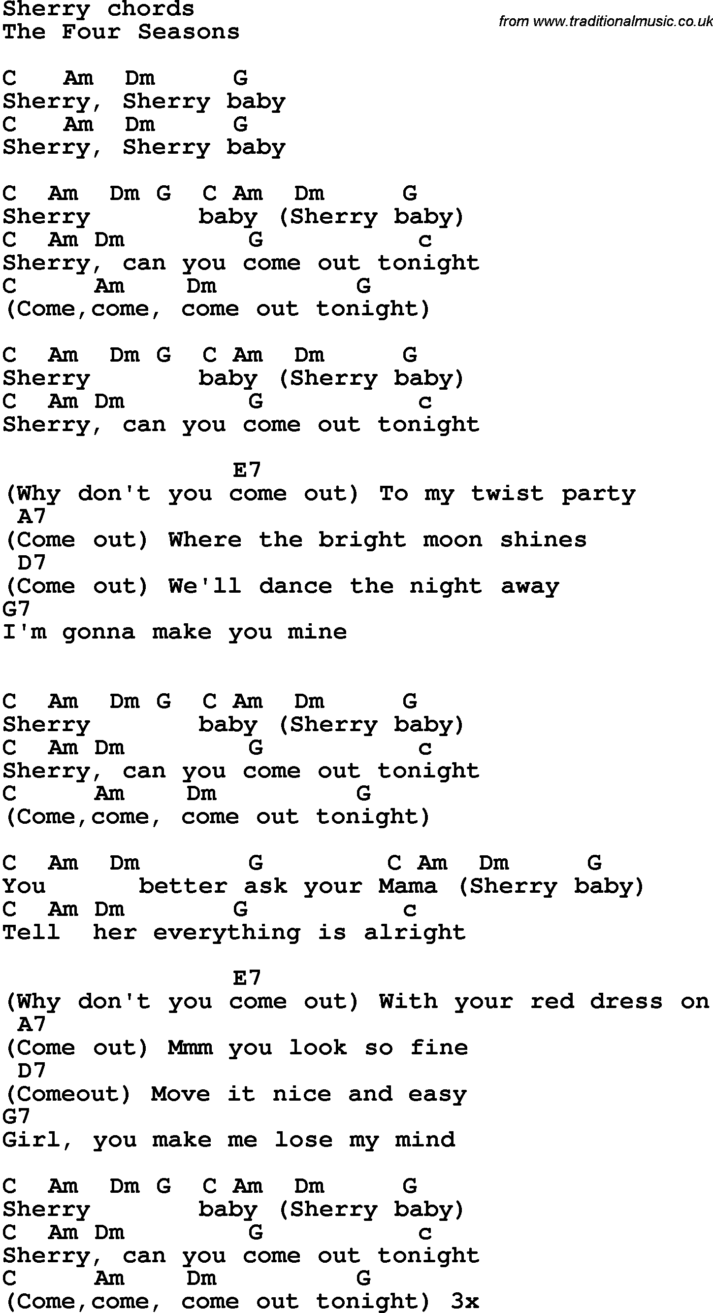 Song Lyrics with guitar chords for Sherry