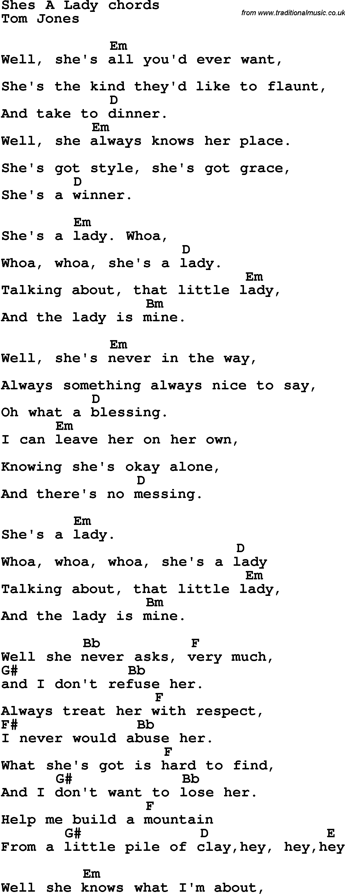 Song Lyrics with guitar chords for She's A Lady