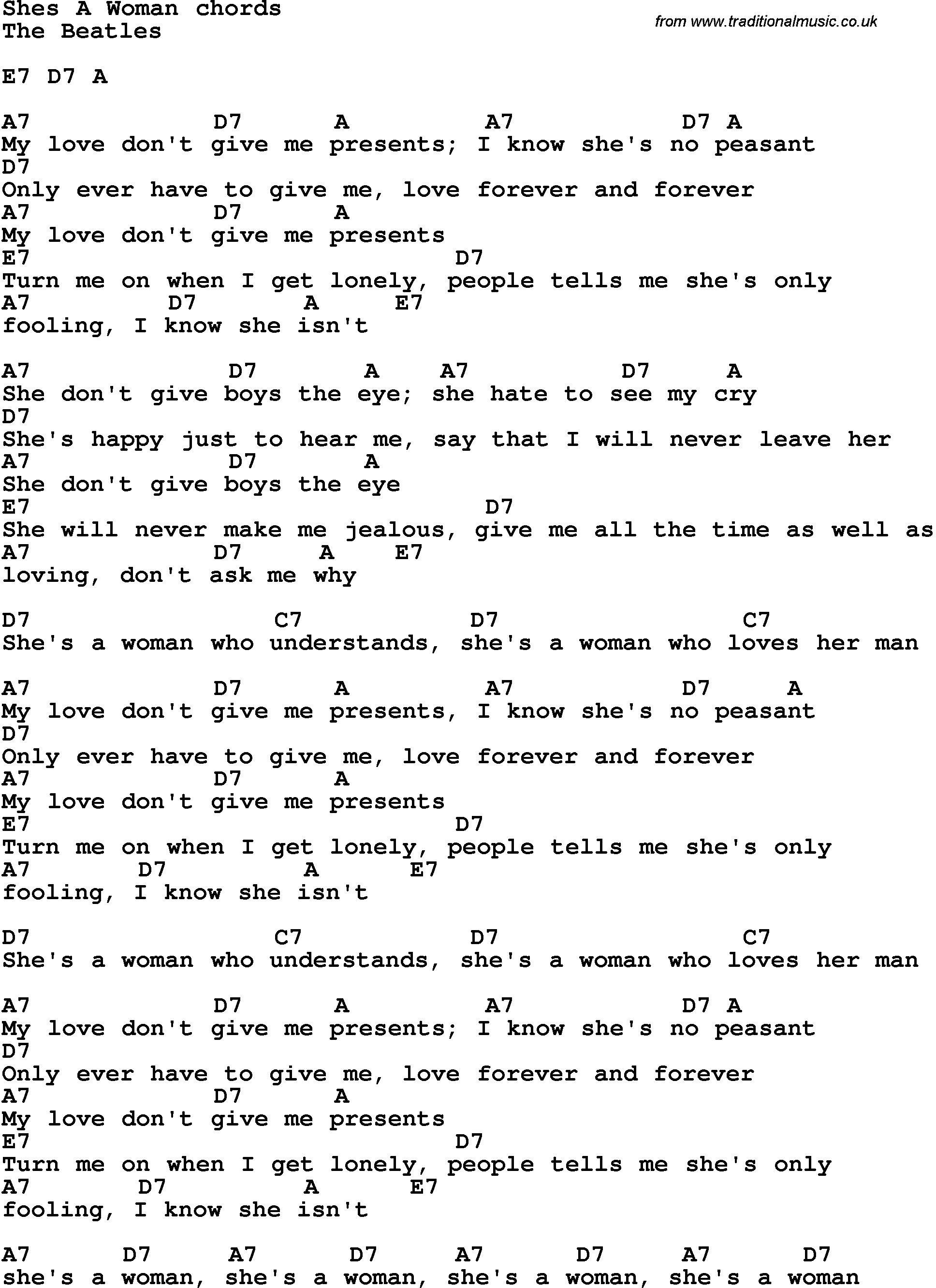 Song Lyrics with guitar chords for She's A Woman - The Beatles