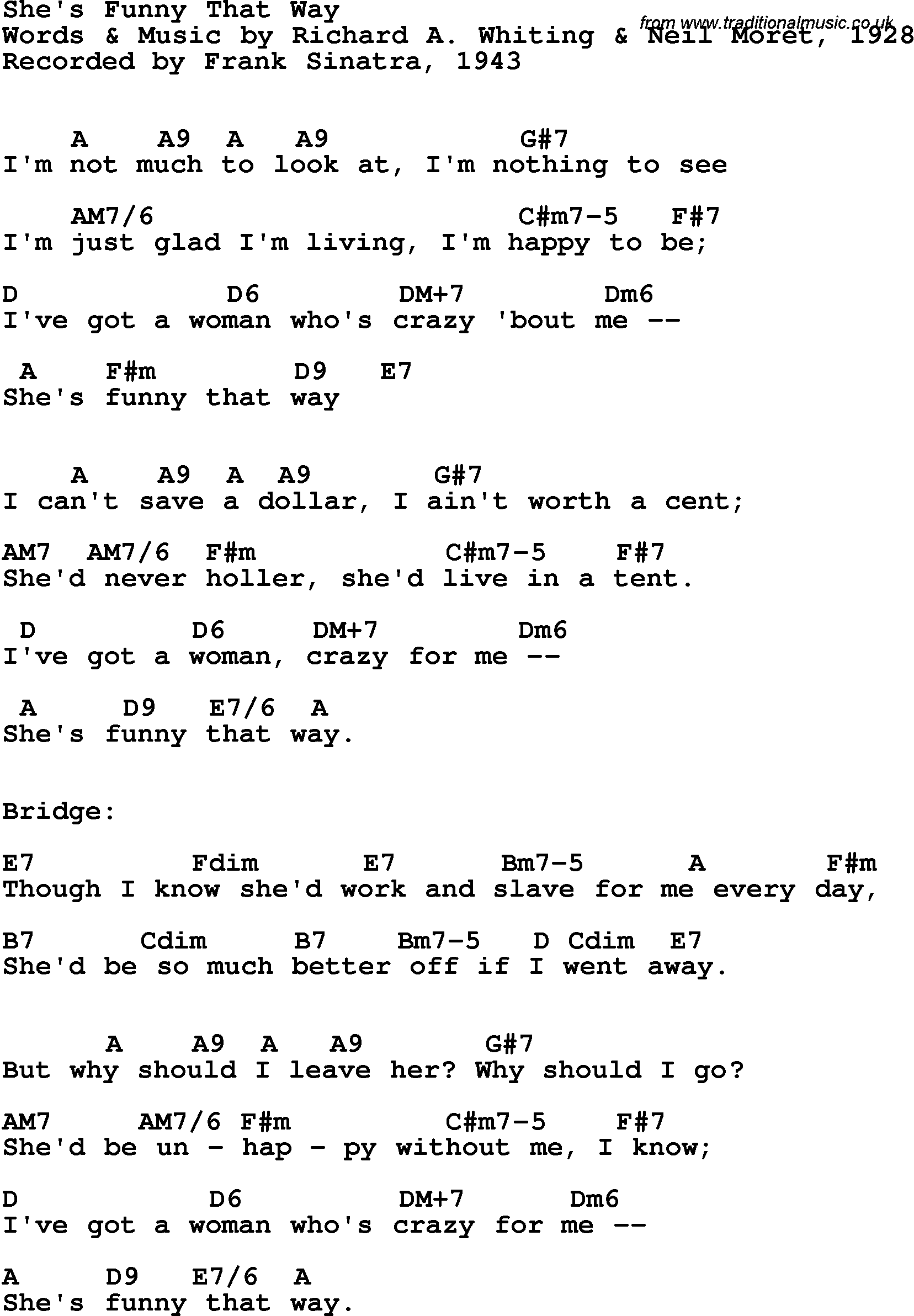 Song Lyrics with guitar chords for She's Funny That Way - Frank Sinatra, 1943