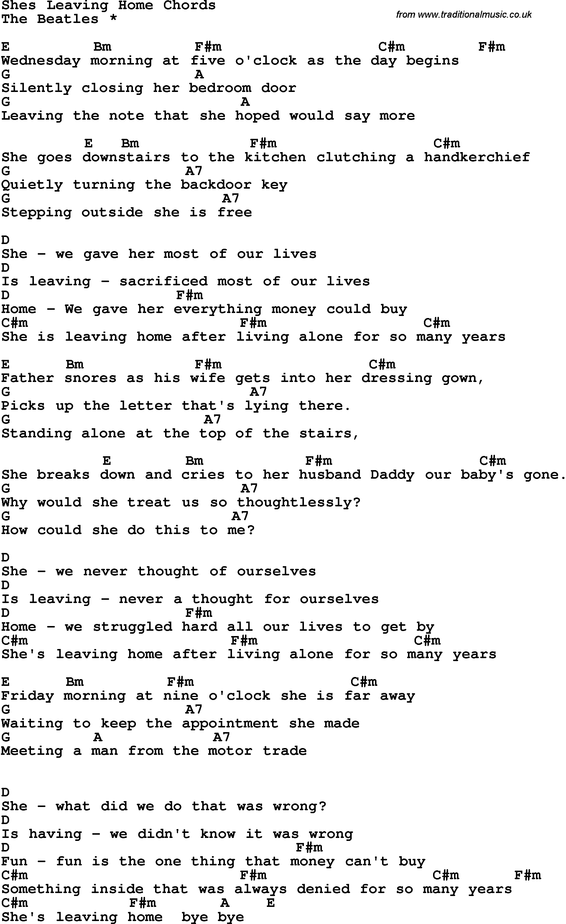 Song Lyrics with guitar chords for She's Leaving Home