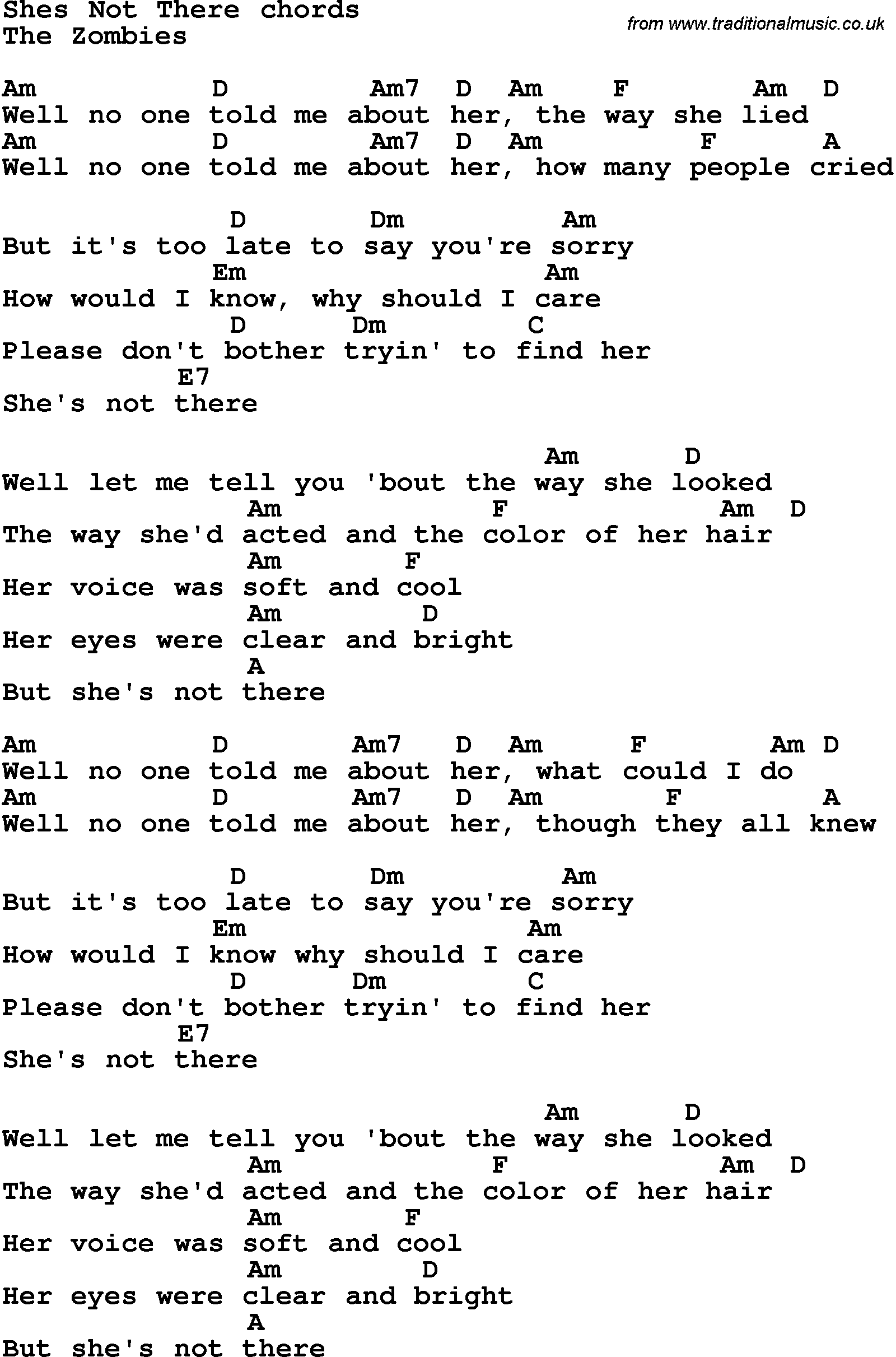 Song Lyrics with guitar chords for She's Not There