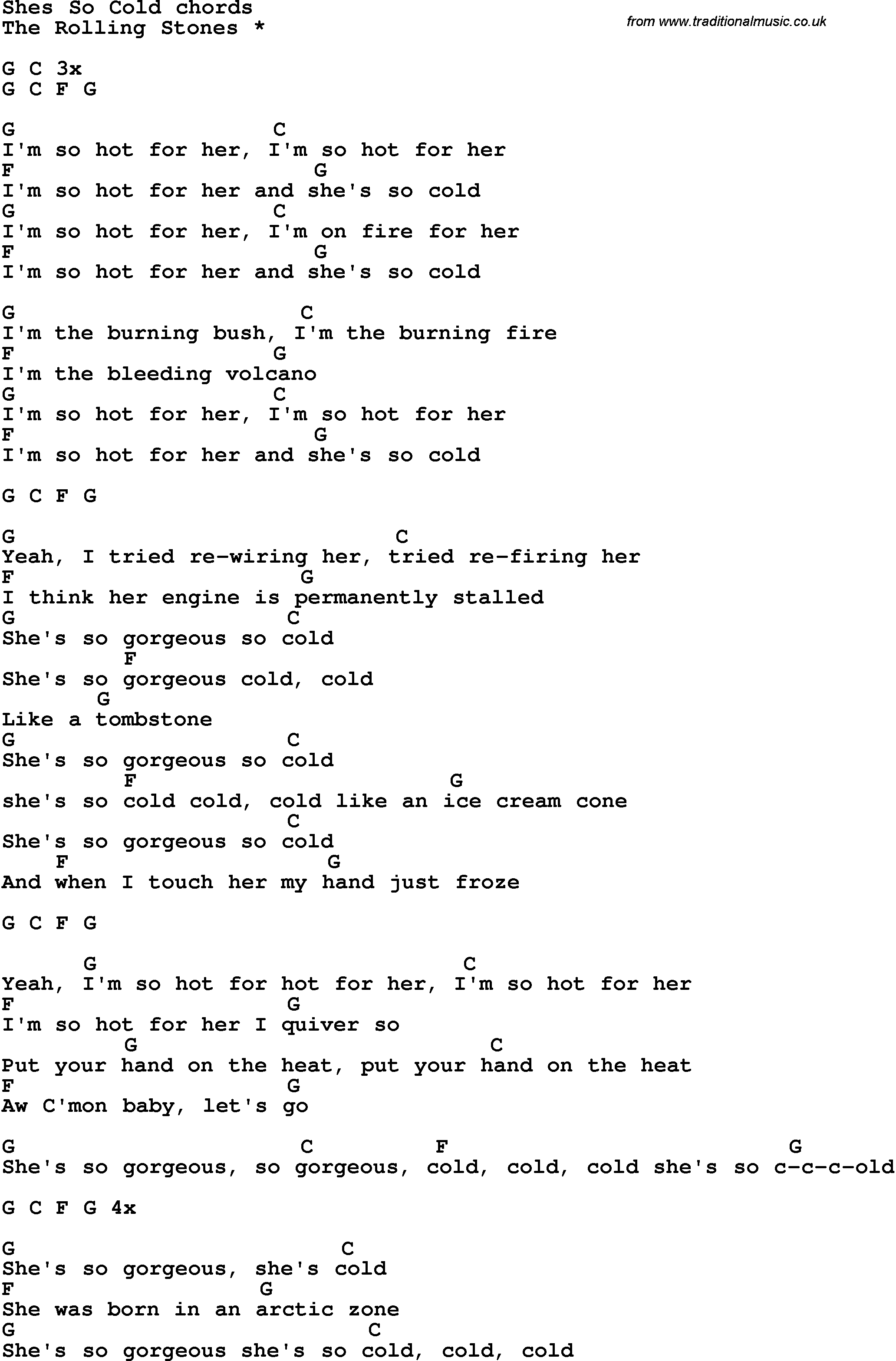 Song Lyrics with guitar chords for She's So Cold