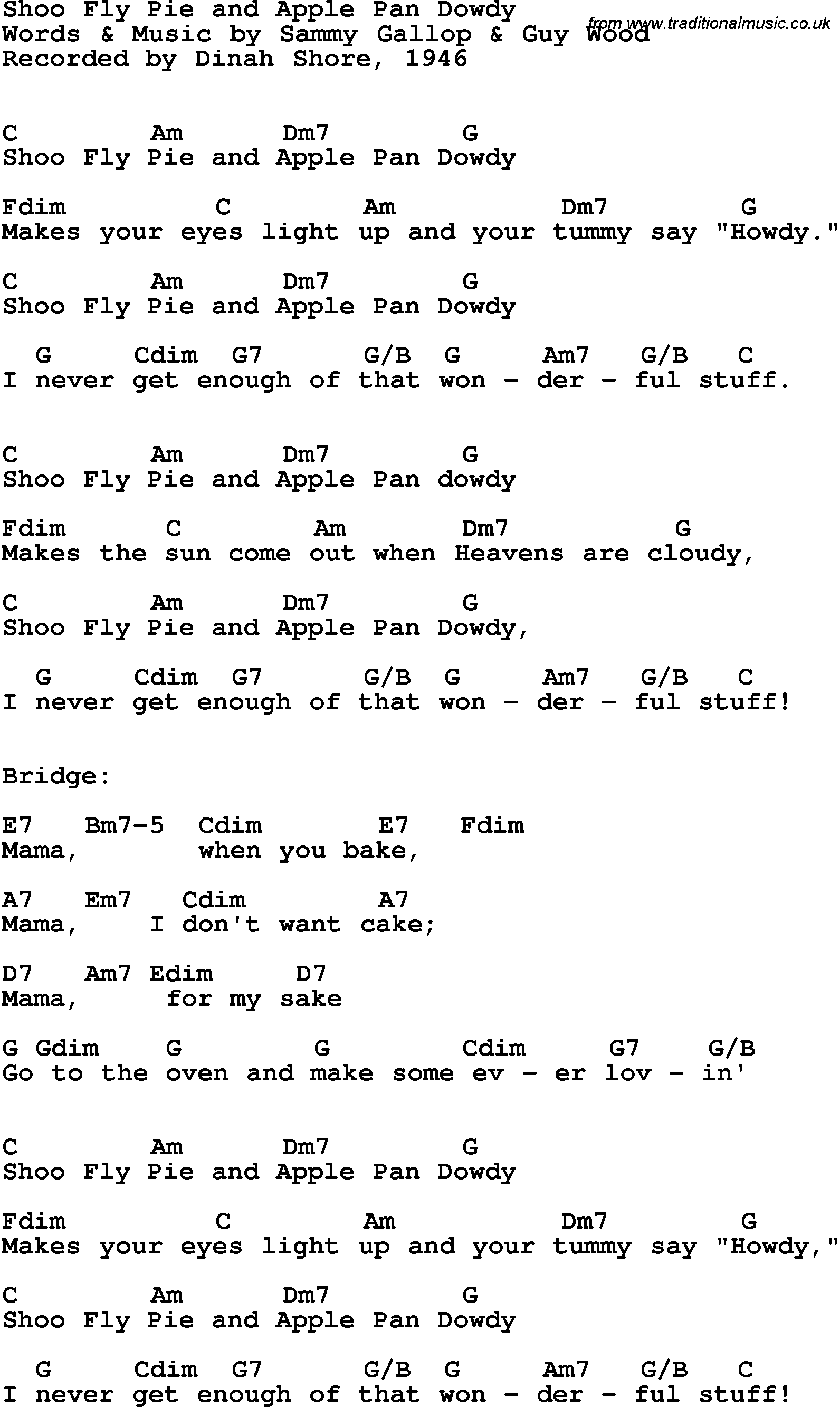 Song Lyrics with guitar chords for Shoo Fly Pie - Dinah Shore, 1945