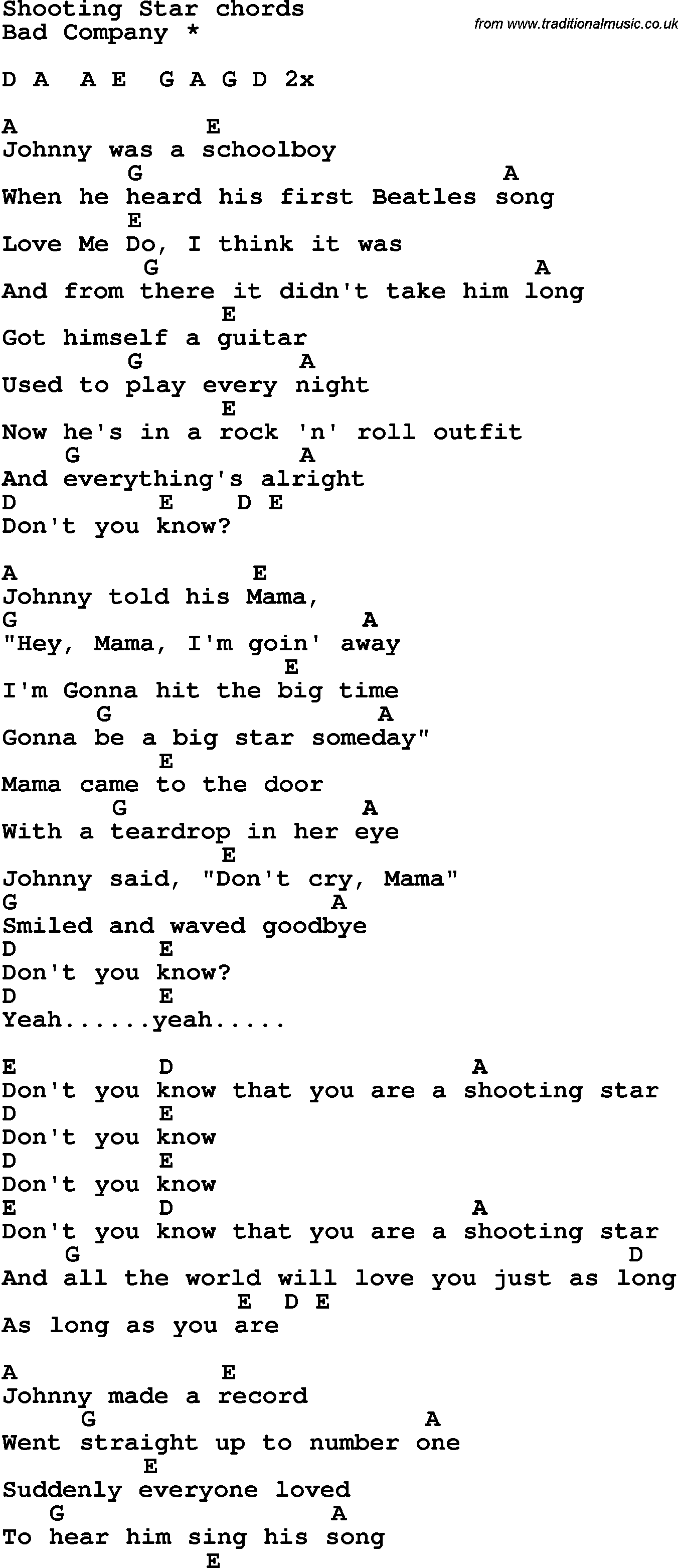 Song Lyrics with guitar chords for Shooting Star