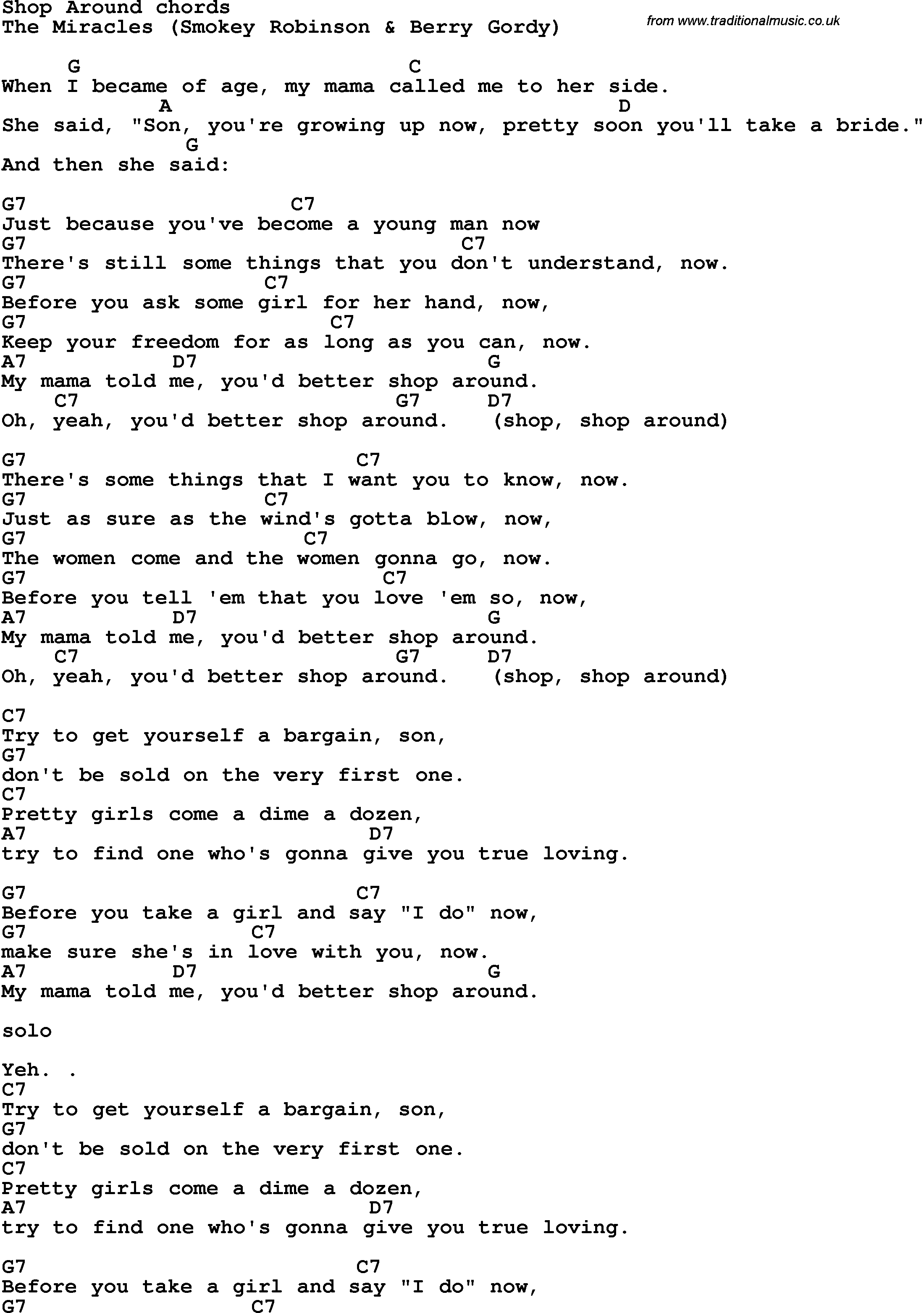 Song Lyrics with guitar chords for Shop Around