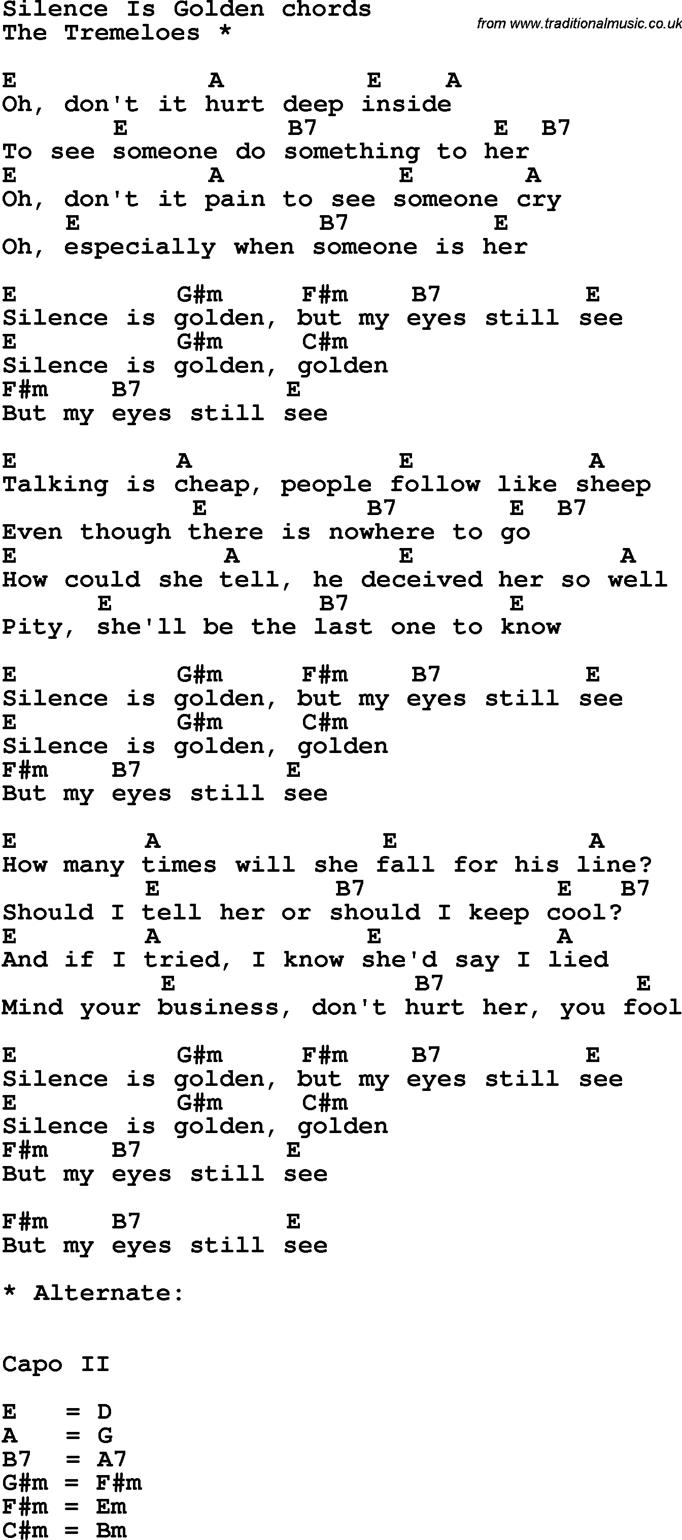 Song Lyrics with guitar chords for Silence Is Golden