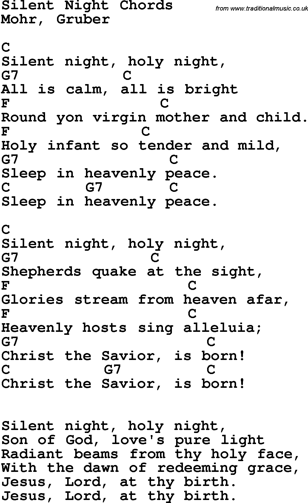 Song Lyrics with guitar chords for Silent Night