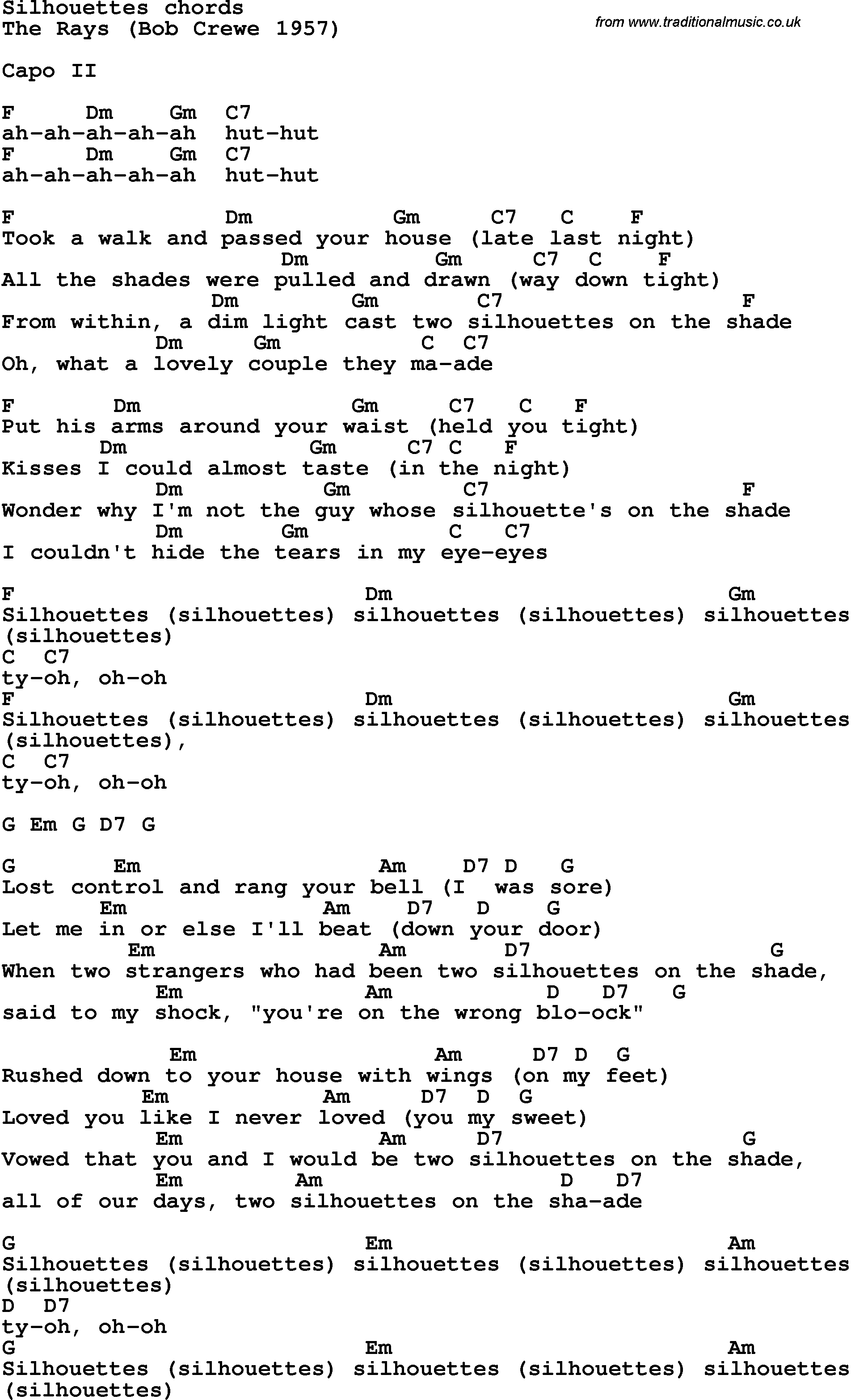Song Lyrics with guitar chords for Silhouettes