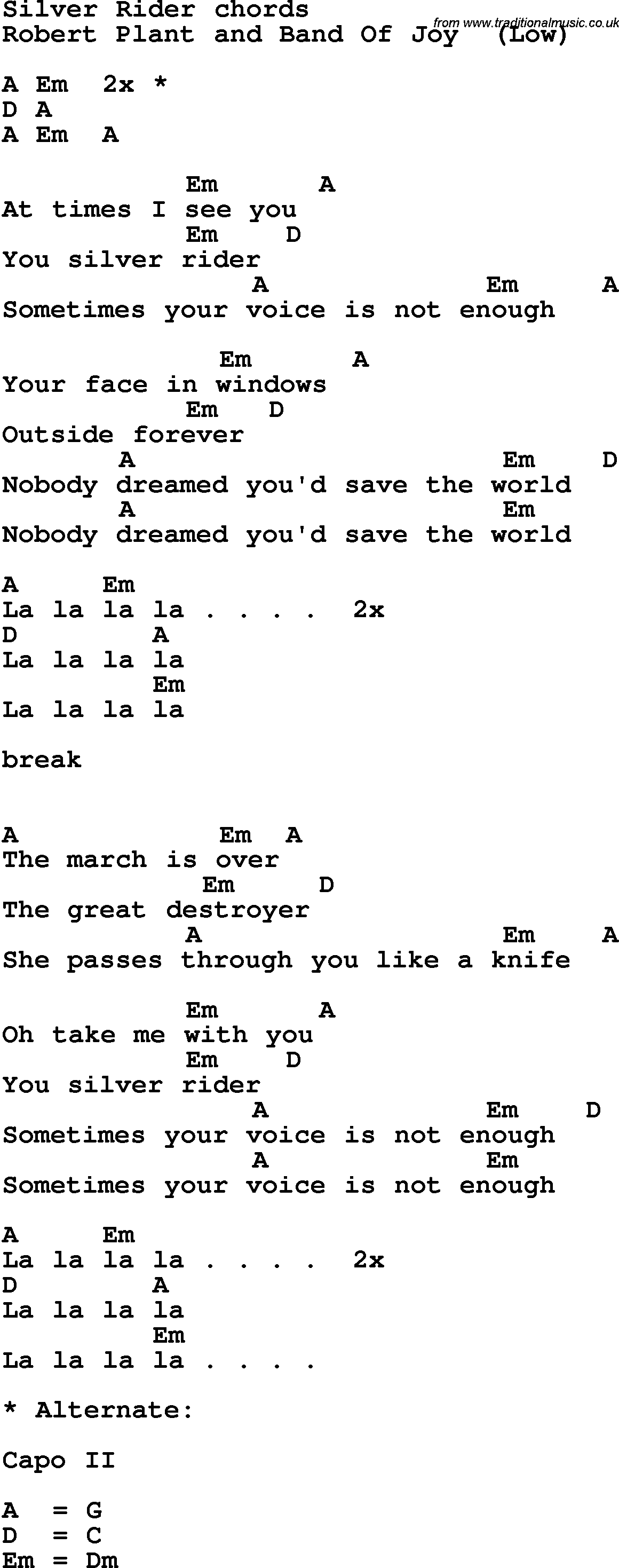 Song Lyrics with guitar chords for Silver Rider - Robert Plant And Band Of Joy