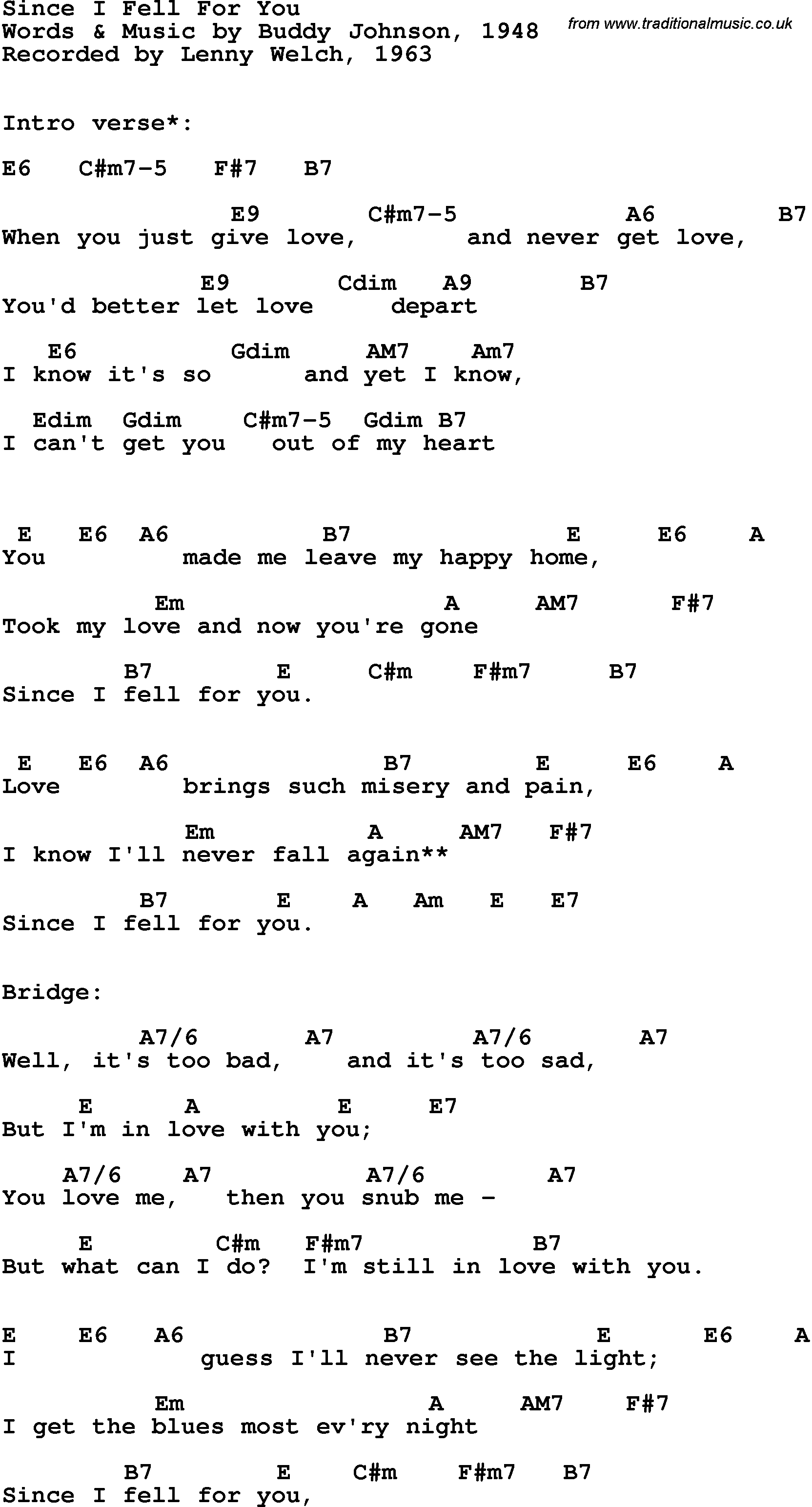Song Lyrics with guitar chords for Since I Fell For You - Lenny Welch, 1963
