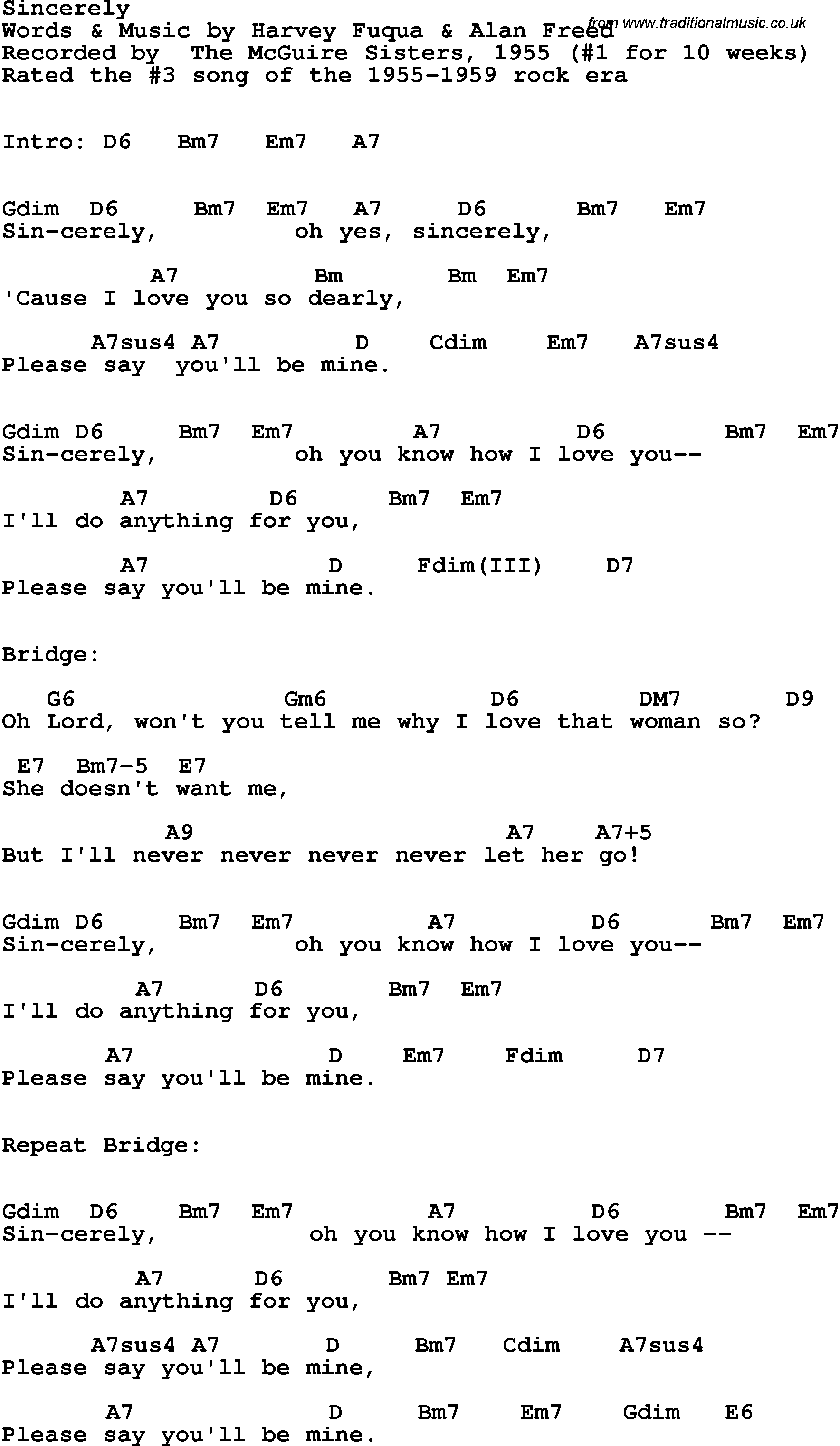 Song Lyrics with guitar chords for Sincerely - The Mcguire Sisters, 1955