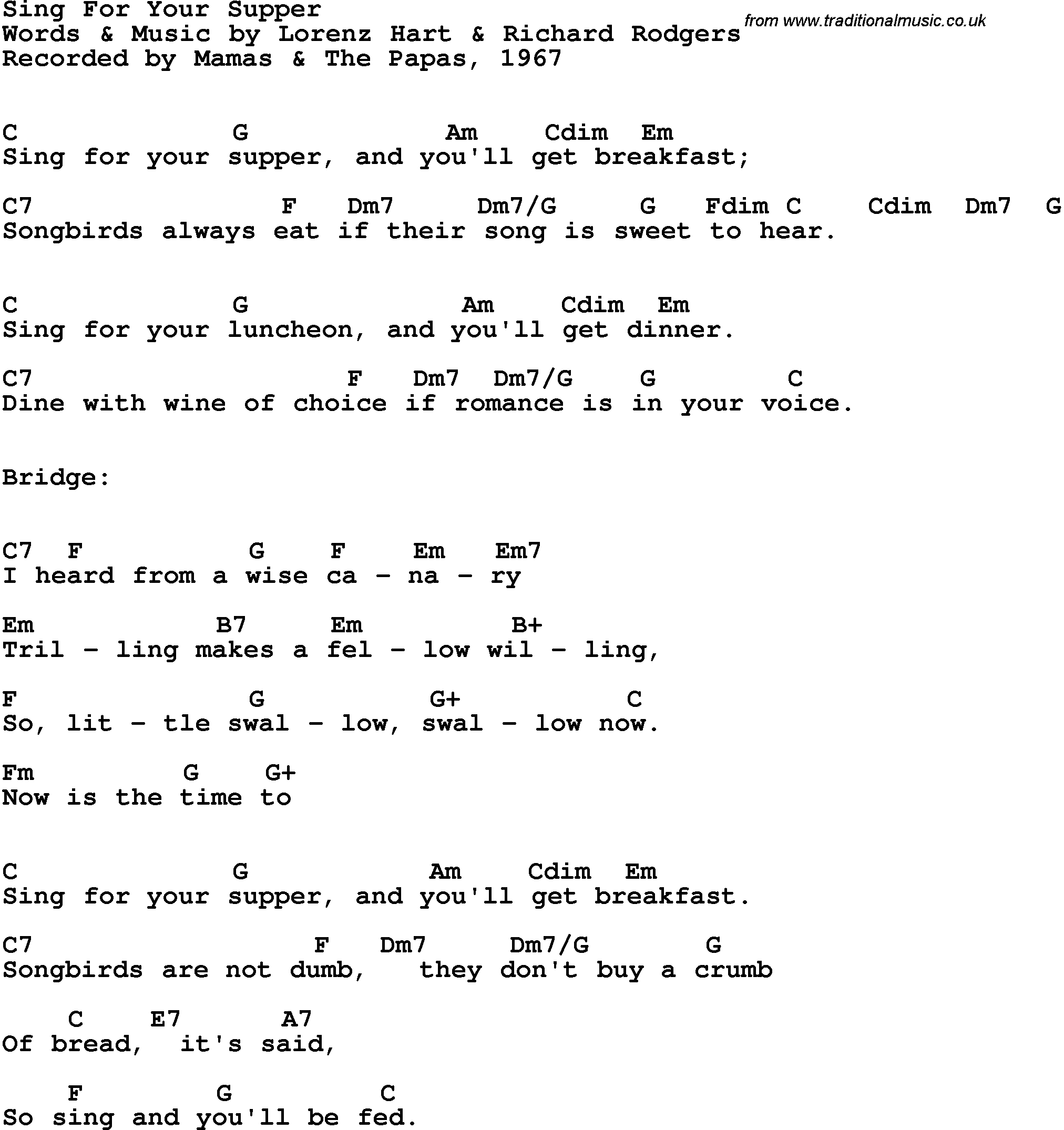 Song Lyrics with guitar chords for Sing For Your Supper - Mamas & Papas, 1967