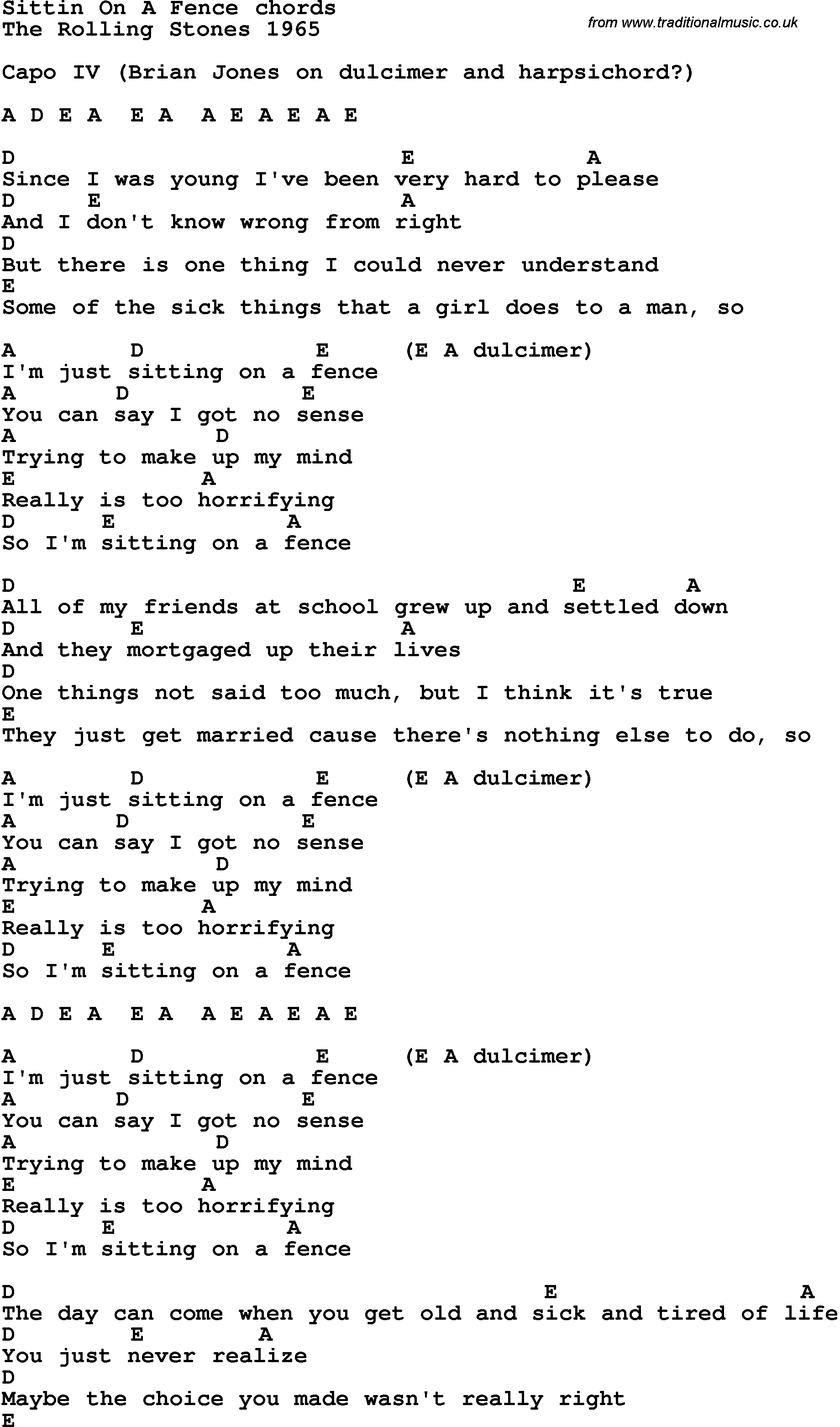 Song Lyrics with guitar chords for Sitting On A Fence