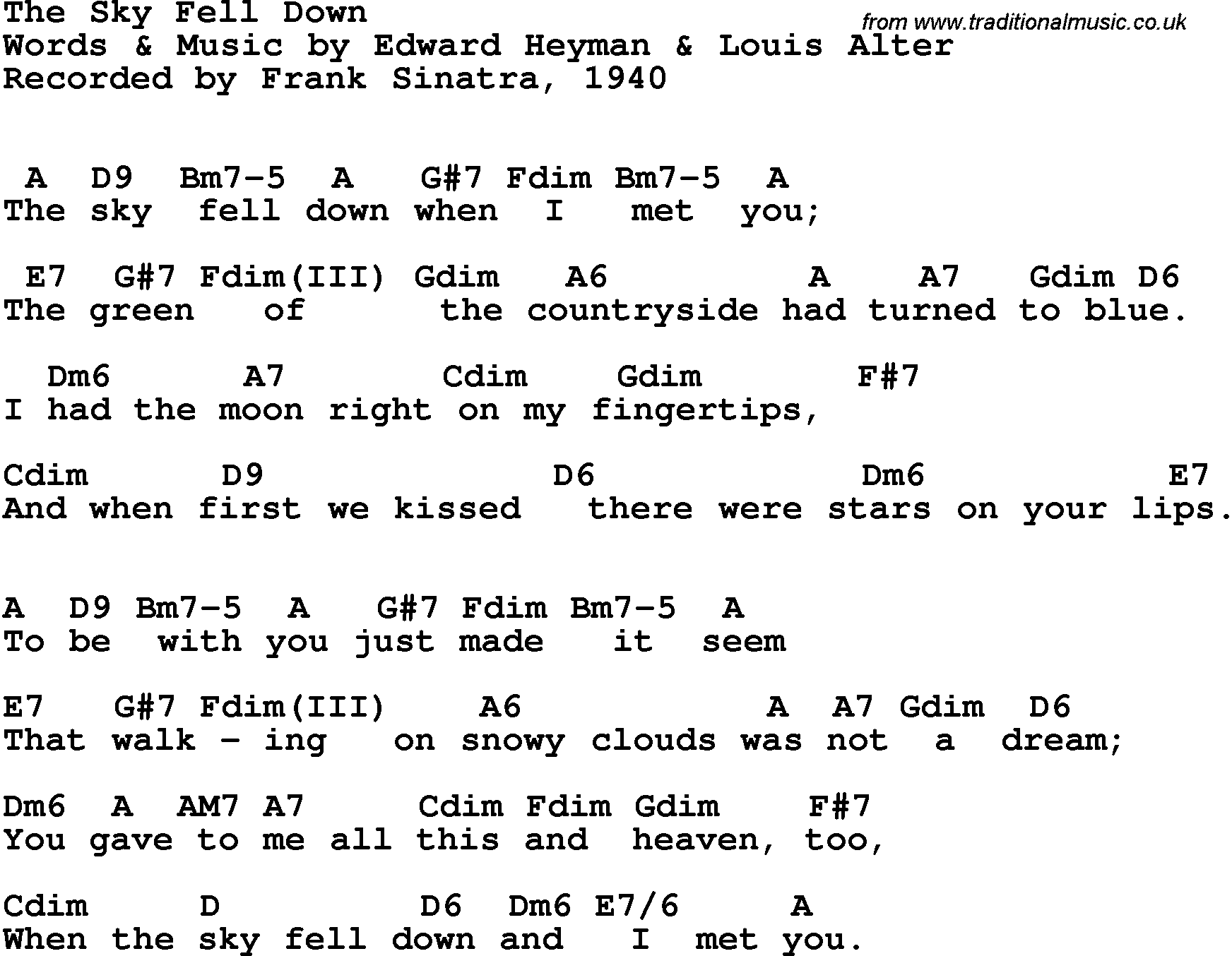 Song Lyrics with guitar chords for Sky Fell Down, The- Frank Sinatra, 1940
