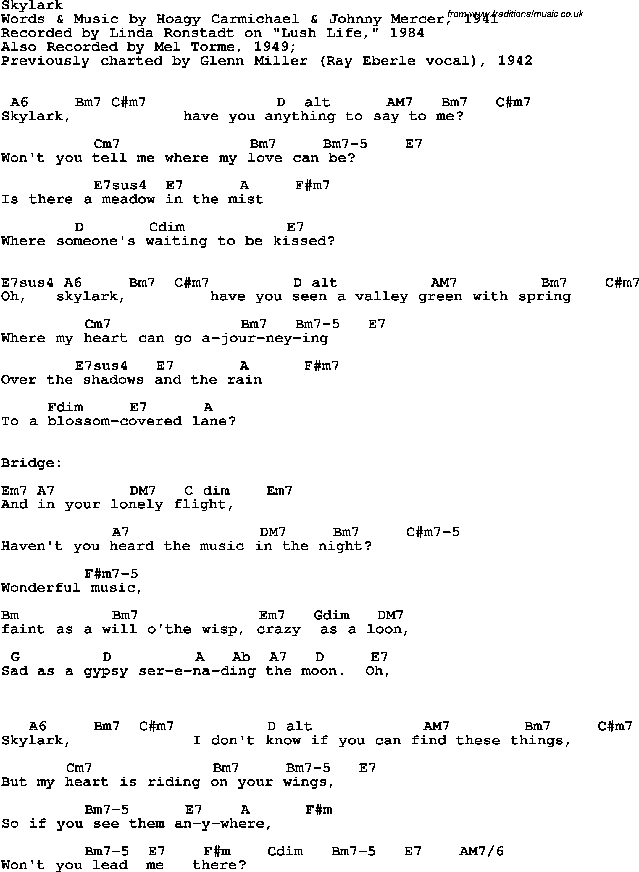 Song Lyrics with guitar chords for Skylark - Linda Ronstadt, 1984