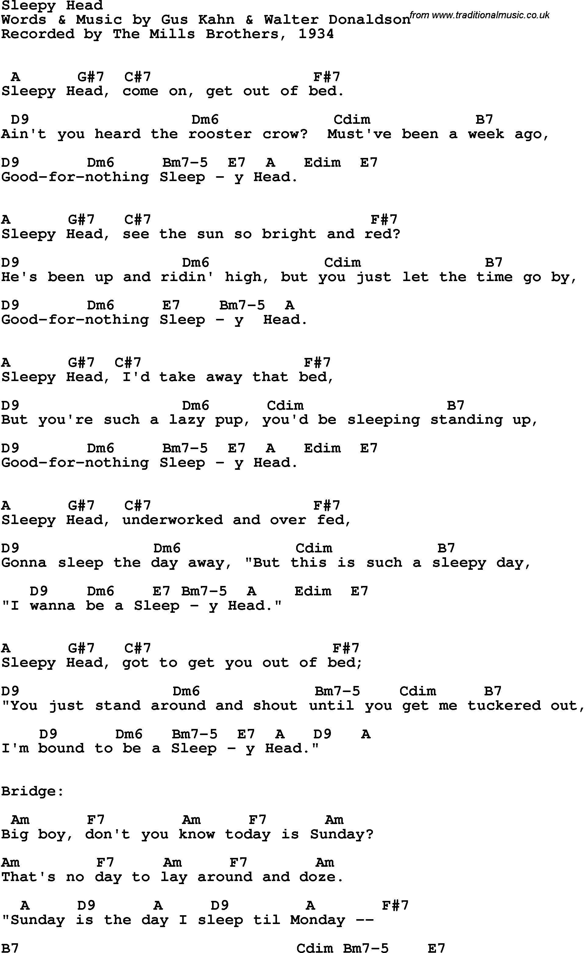 Song Lyrics with guitar chords for Sleepy Head - The Mills Brothers, 1934